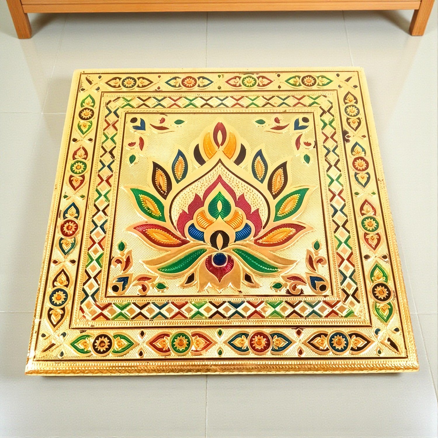 Puja Chowki Bajot Wooden | Wooden Meenakari Pooja Peeta Table | Stool / Aasan for God Idols - for Festivals, Home, living Room, Corner, Mandir Decoration & Gifts - 12 Inch - Apkamart