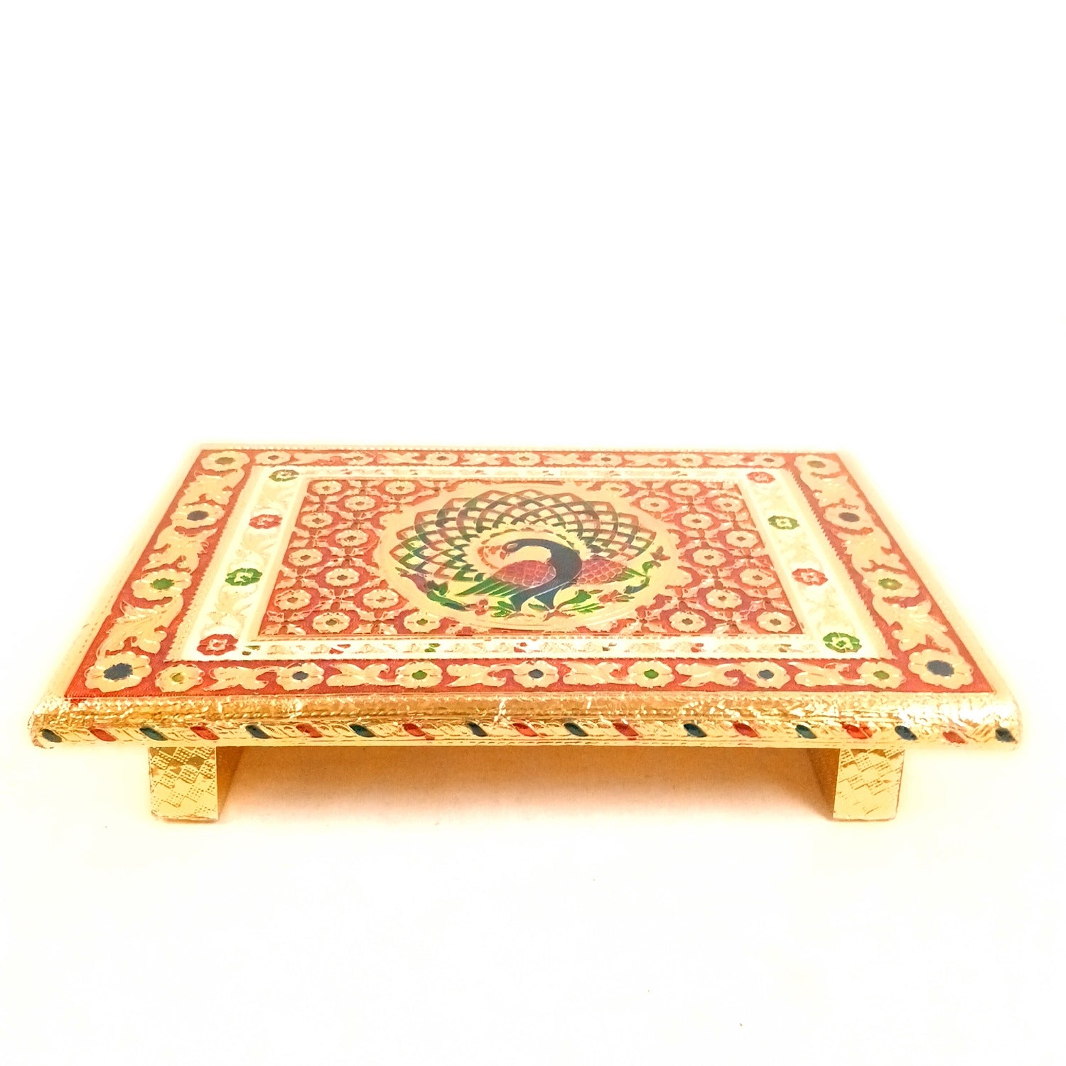 Meenakari Puja Chowki Bajot | Wooden Patla/Peeta for God Idols | Decorative Pooja Chauki for Mandir, Living Room | Traditional Handcrafted Pooja Stool - 14 Inch - Apkamart