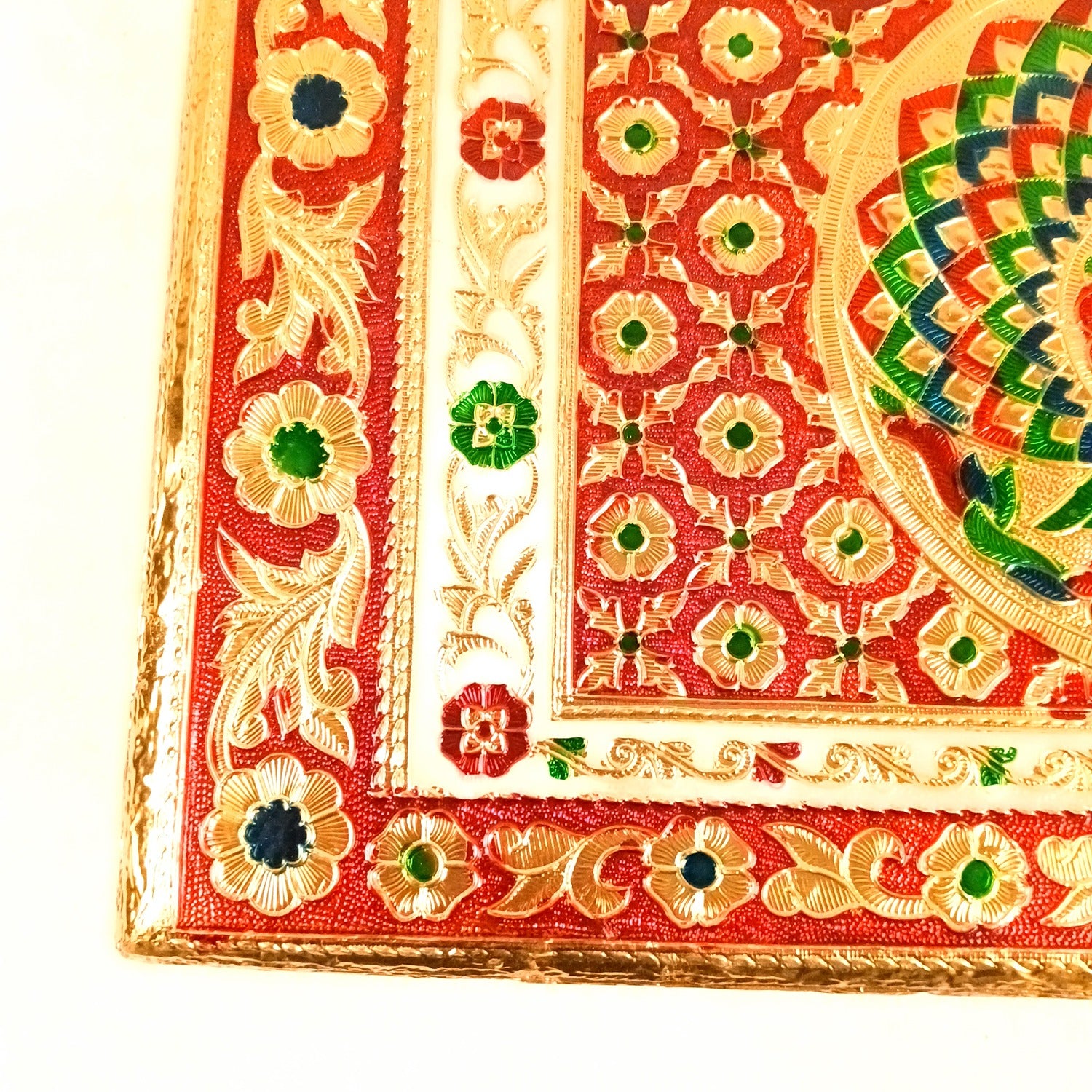 Meenakari Puja Chowki Bajot | Wooden Patla/Peeta for God Idols | Decorative Pooja Chauki for Mandir, Living Room | Traditional Handcrafted Pooja Stool - 14 Inch - Apkamart