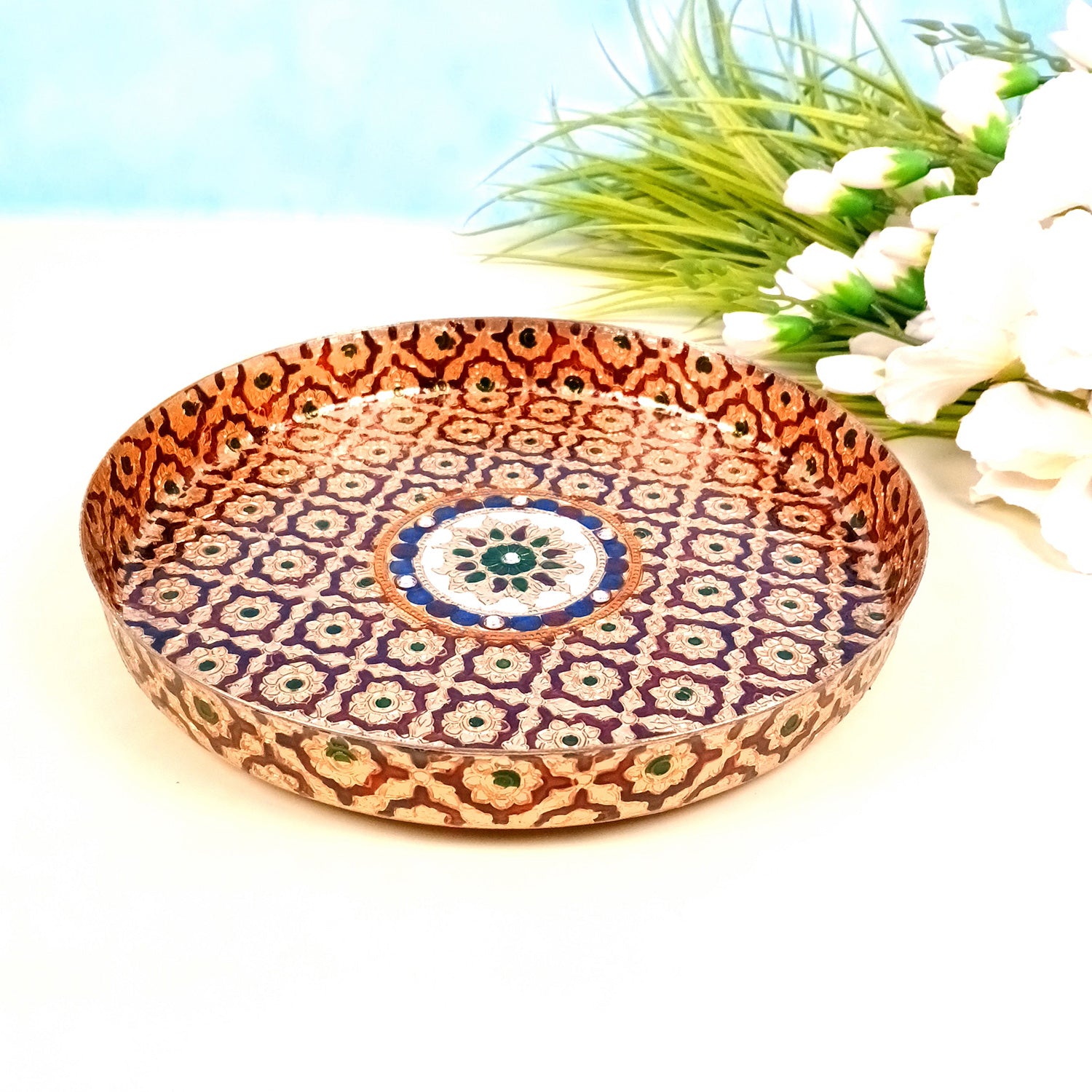 Aarti Thal | Meenakari Pooja Thali Plate Design - For Puja, Temple, Rakhi, Diwali, Karwa Chauth, weddings & Festivals - 10 Inch - Apkamart #Size_10 Inch