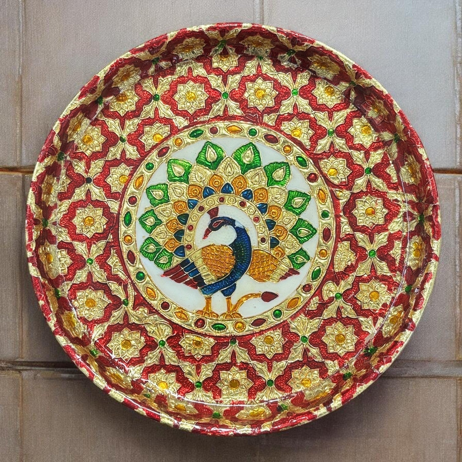 Peacock Design Pooja Thali for Diwali Karwa Chauth Festival | Decorative Pooja Thali for Home Mandir Temple and Religious Occasions - 8 Inch - Apkamart