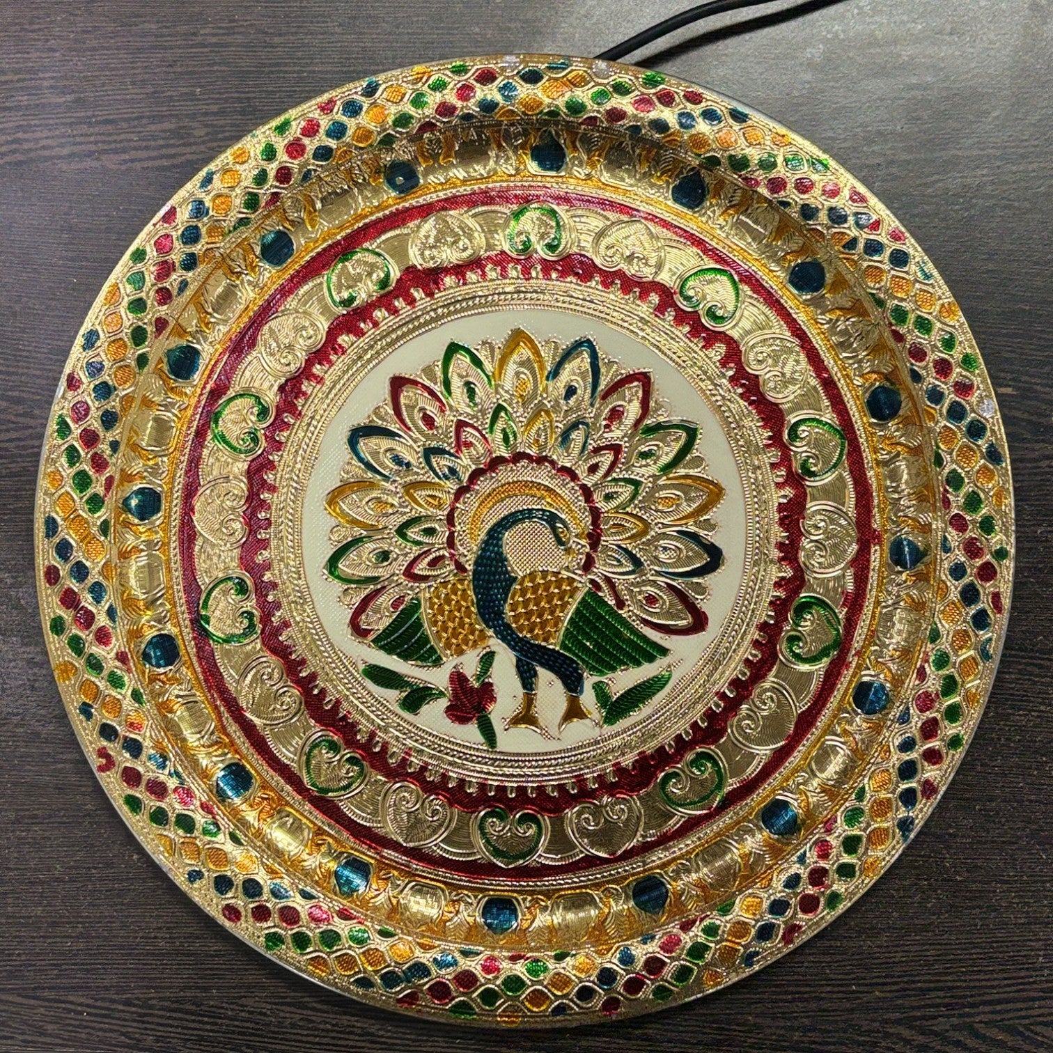 Peacock Design Pooja Thali for Diwali Karwa Chauth Festival | Decorative Pooja Thali for Home Mandir Temple and Religious Occasions - 13 Inch - Apkamart