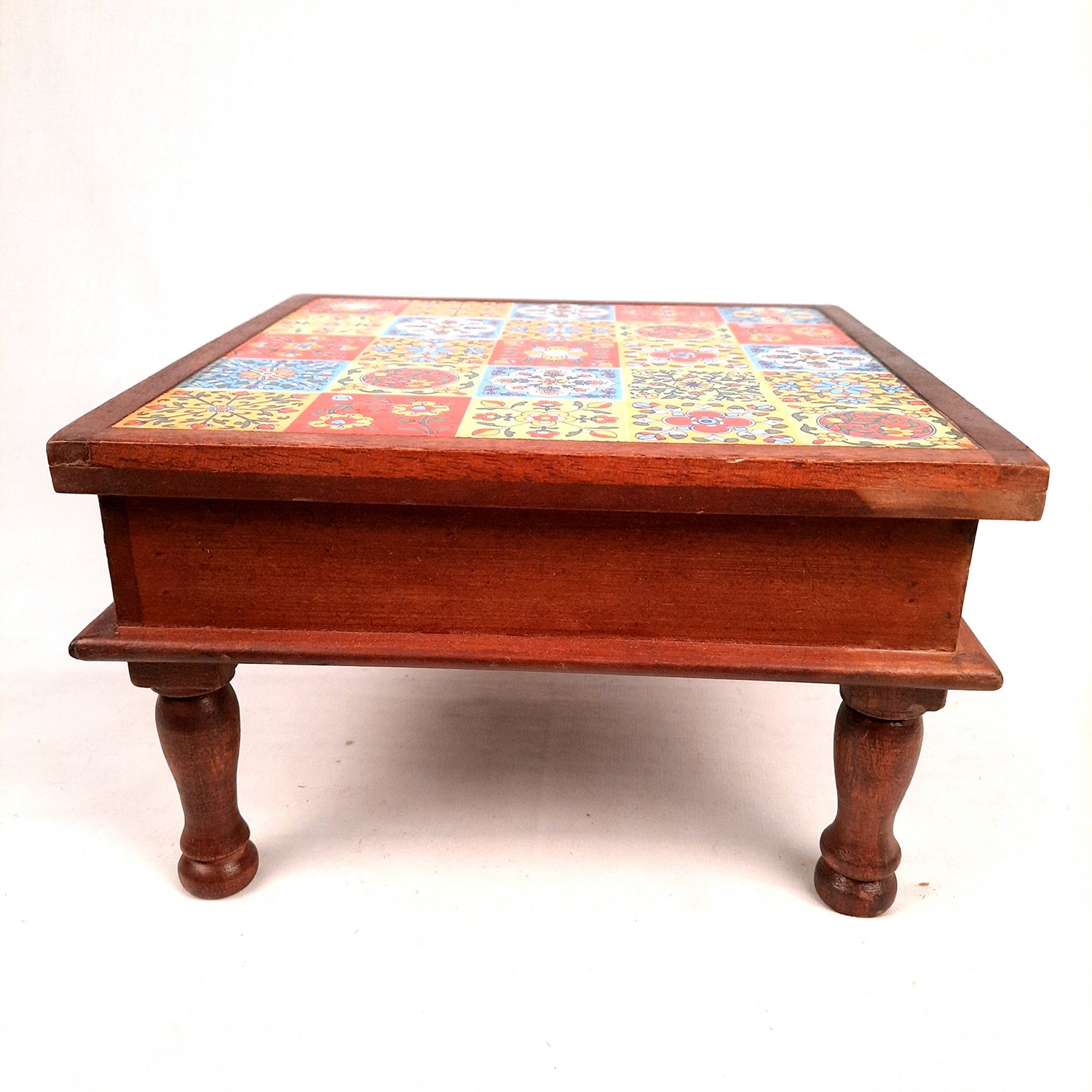 Wooden Puja Chowki Bajot with Ceramic Tile Top | Chauki for Sitting - for Pooja, Weddings, Home Decor, Corner Decor & Festivals - 11 Inch - Apkamart