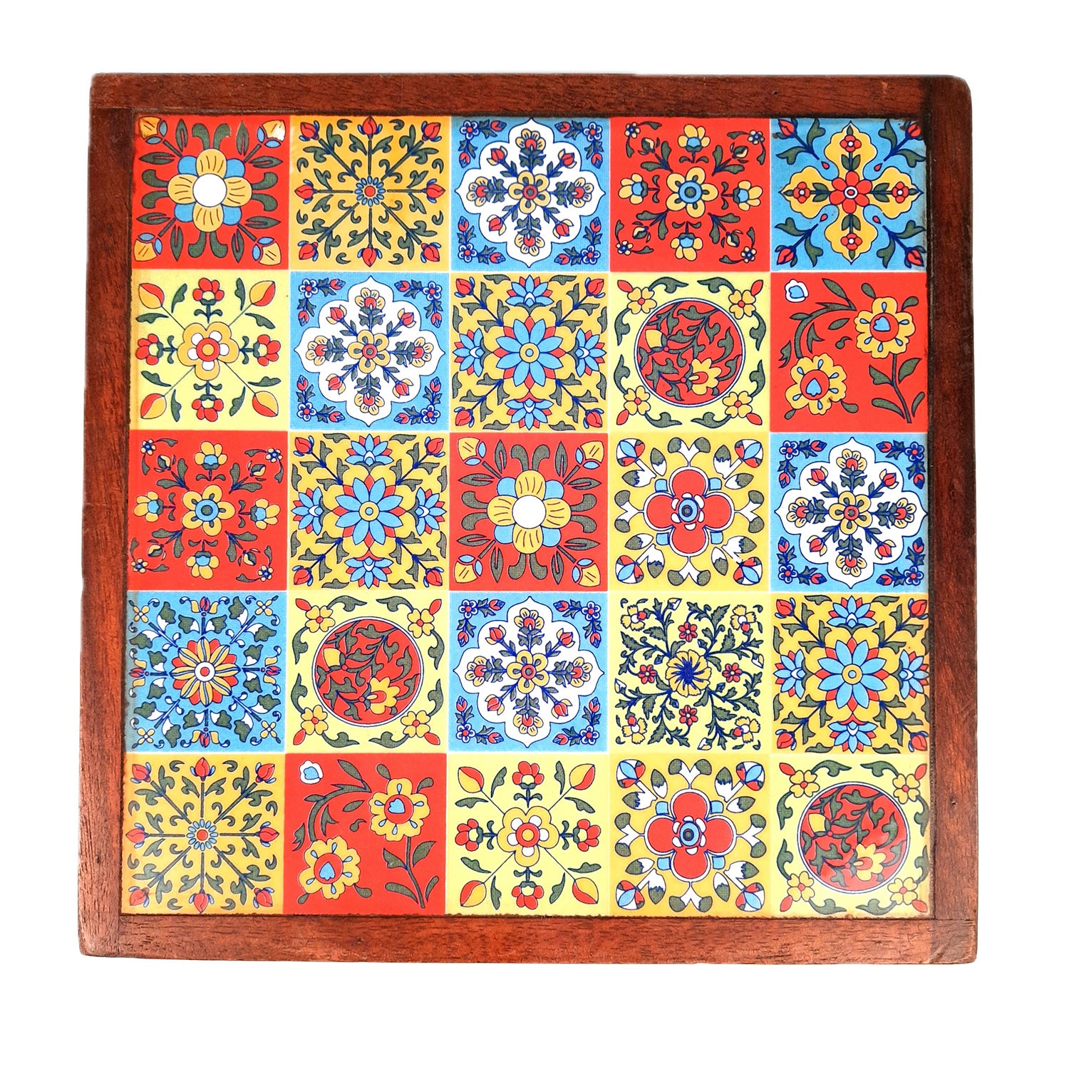 Wooden Puja Chowki Bajot with Ceramic Tile Top | Chauki for Sitting - for Pooja, Weddings, Home Decor, Corner Decor & Festivals - 11 Inch - Apkamart