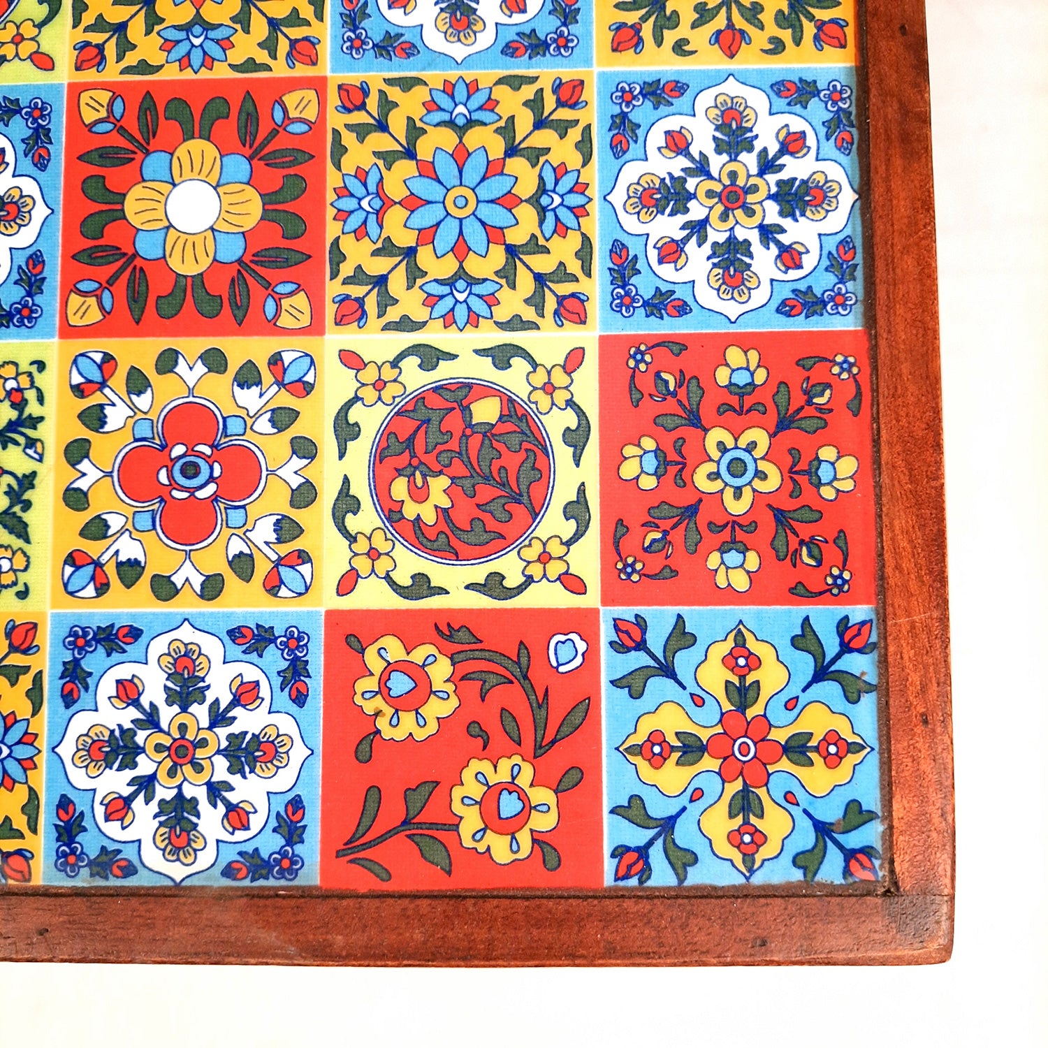 Wooden Puja Chowki Bajot with Ceramic Tile Top | Choki for Sitting - for Pooja, Weddings, Home Decor, Corner Decoration & Festivals - 12 Inch - Apkamart