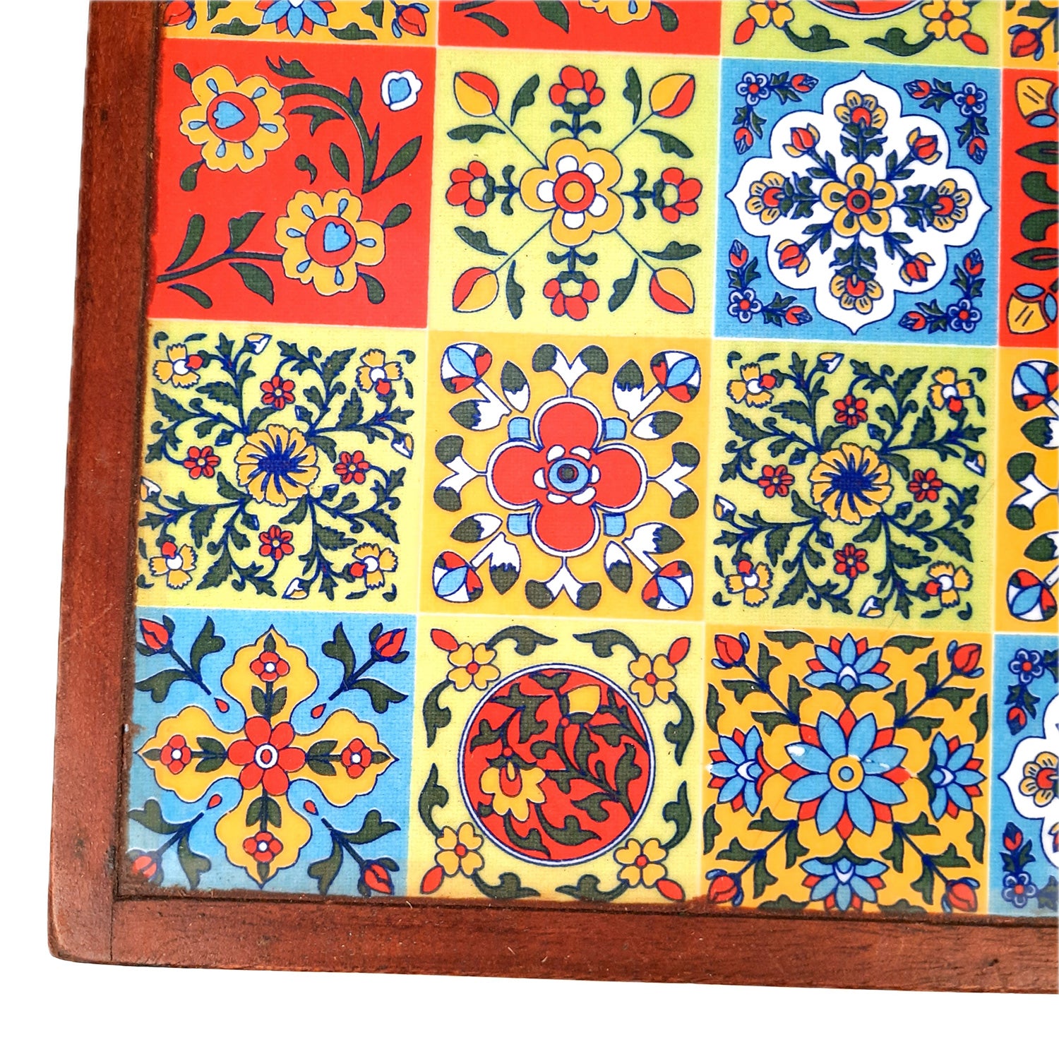Wooden Puja Chowki Bajot with Ceramic Tile Top | Choki for Sitting - for Pooja, Weddings, Home Decor, Corner Decoration & Festivals - 12 Inch - Apkamart
