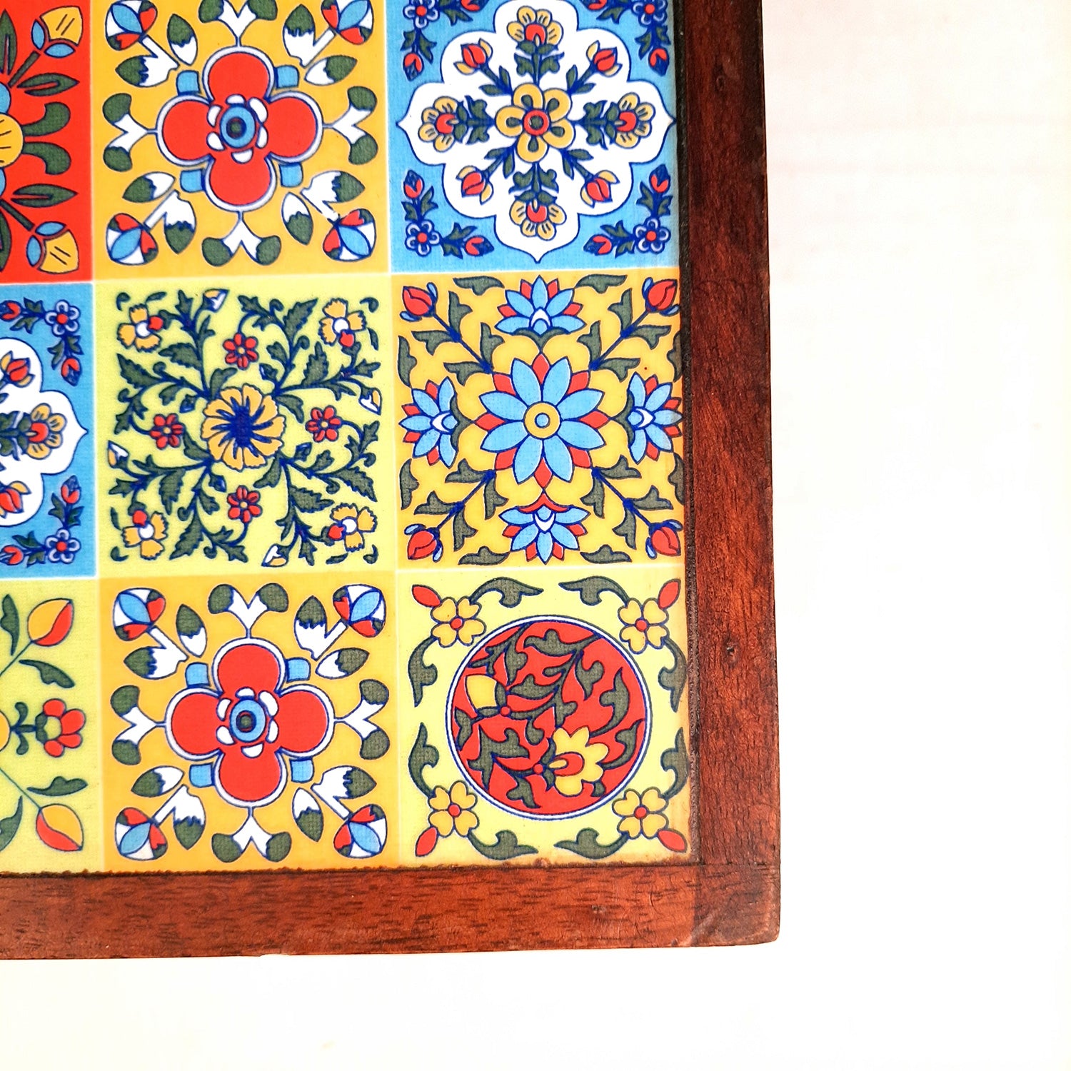 Wooden Puja Chowki Bajot with Ceramic Tile Top | Chauki for Sitting - for Pooja, Weddings, Home Decor, Corner Decor & Festivals - 11 Inch - Apkamart