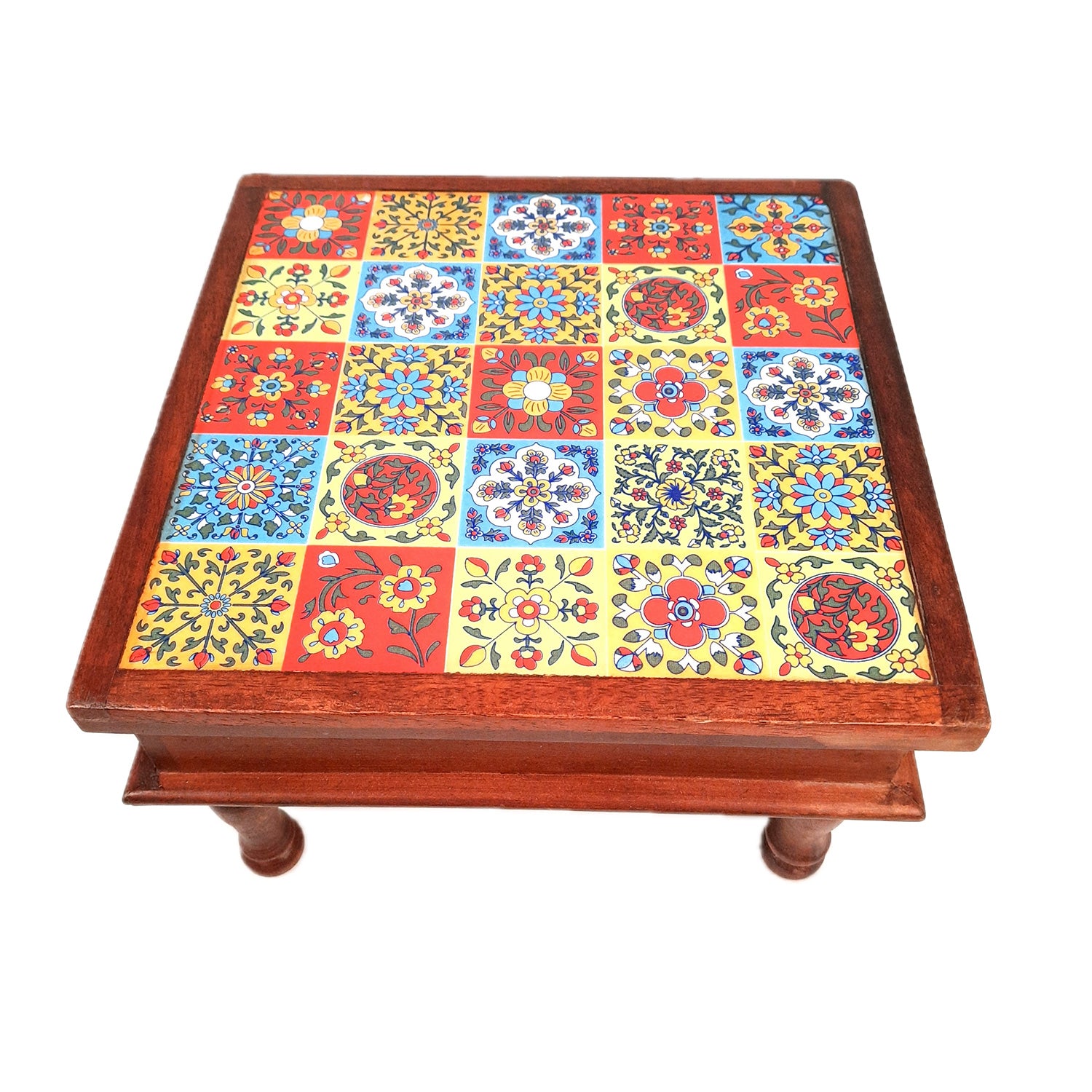 Wooden Puja Chowki Bajot with Ceramic Tile Top | Chauki for Sitting - for Pooja, Weddings, Home Decor, Corner Decor & Festivals - 11 Inch - Apkamart