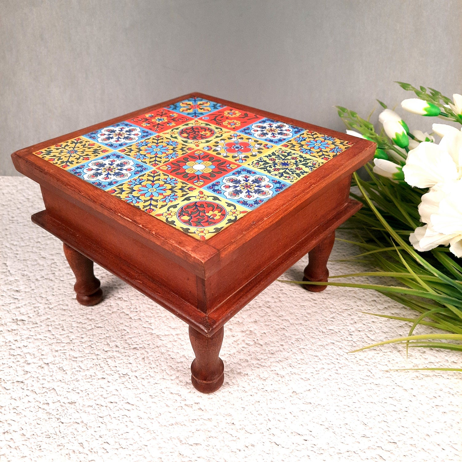 Wooden Chowki Bajot | Decorative Choki / Peeta - For Home, Living Room, Sitting, Sofa Corners Decor & Gifts - 9 Inch - Apkamart