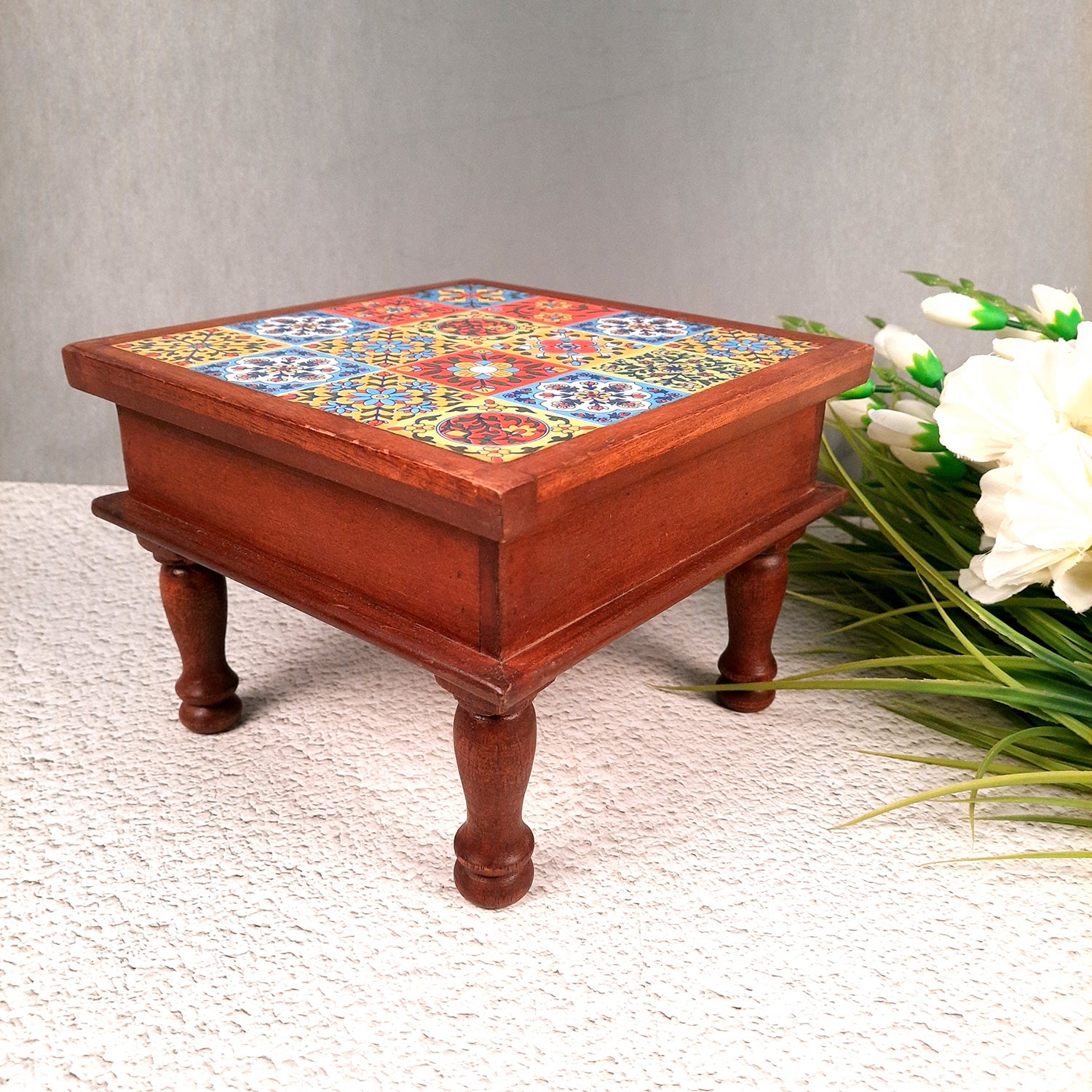 Wooden Chowki Bajot | Decorative Choki / Peeta - For Home, Living Room, Sitting, Sofa Corners Decor & Gifts - 9 Inch - Apkamart