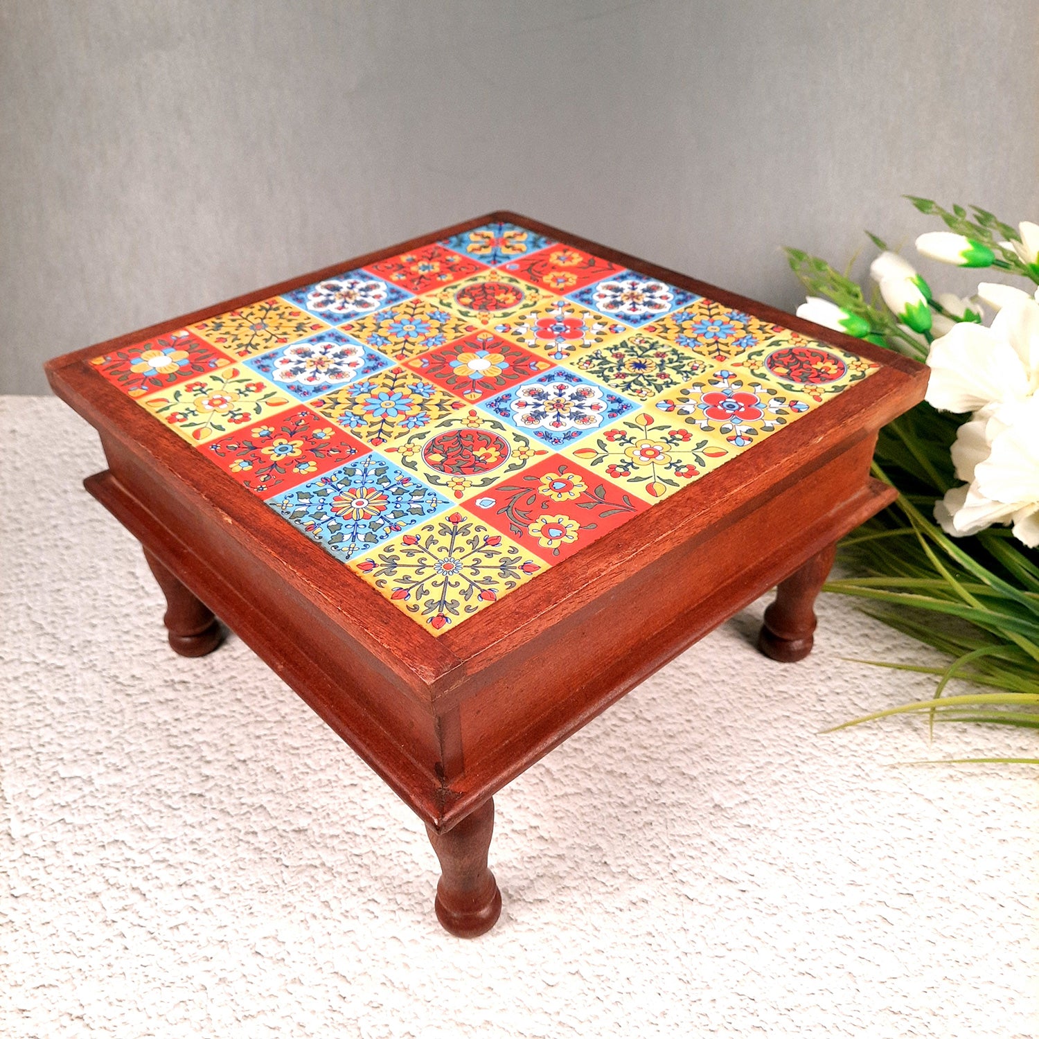 Wooden Puja Chowki Bajot with Ceramic Tile Top | Chauki for Sitting - for Pooja, Weddings, Home Decor, Corner Decor & Festivals - 11 Inch - Apkamart