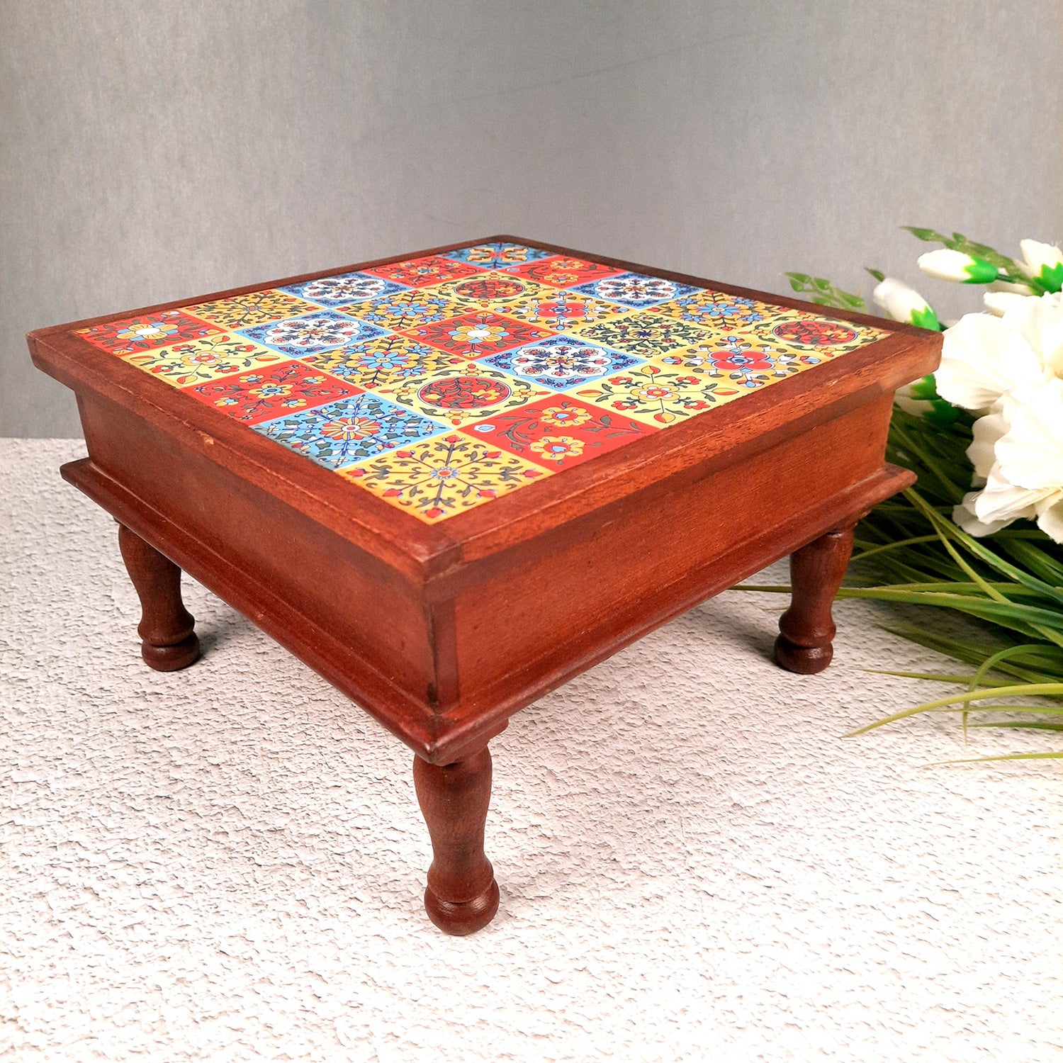 Wooden Puja Chowki Bajot with Ceramic Tile Top | Chauki for Sitting - for Pooja, Weddings, Home Decor, Corner Decor & Festivals - 11 Inch - Apkamart