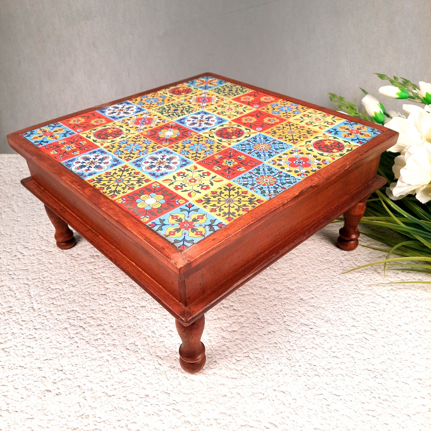 Wooden Puja Chowki Bajot with Ceramic Tile Top | Choki for Sitting - for Pooja, Weddings, Home Decor, Corner Decoration & Festivals - 12 Inch - Apkamart