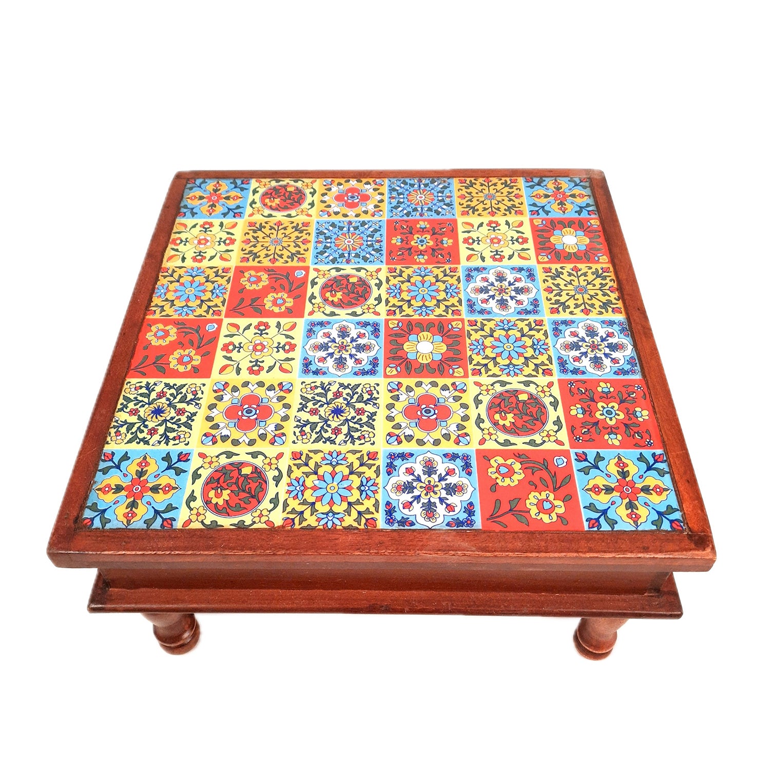 Wooden Puja Chowki Bajot with Ceramic Tile Top | Choki for Sitting - for Pooja, Weddings, Home Decor, Corner Decoration & Festivals - 12 Inch - Apkamart