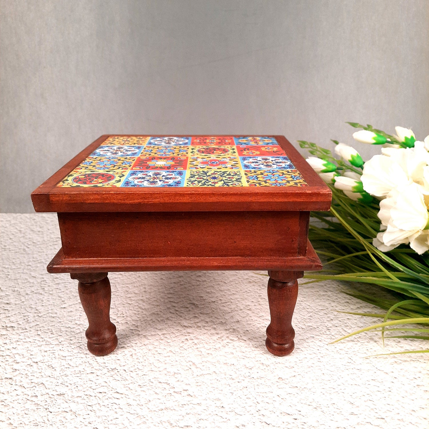 Wooden Chowki Bajot | Decorative Choki / Peeta - For Home, Living Room, Sitting, Sofa Corners Decor & Gifts - 9 Inch - Apkamart