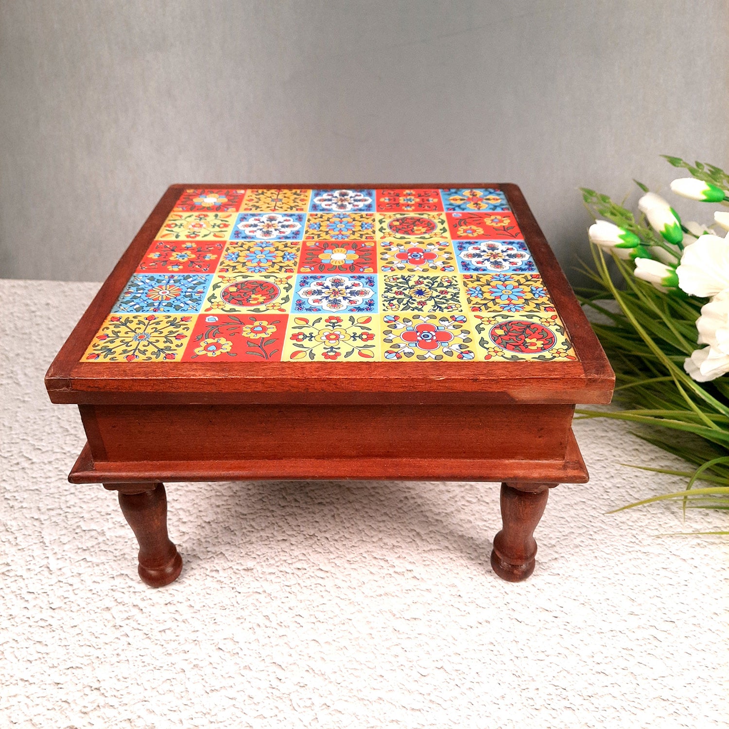 Wooden Puja Chowki Bajot with Ceramic Tile Top | Chauki for Sitting - for Pooja, Weddings, Home Decor, Corner Decor & Festivals - 11 Inch - Apkamart