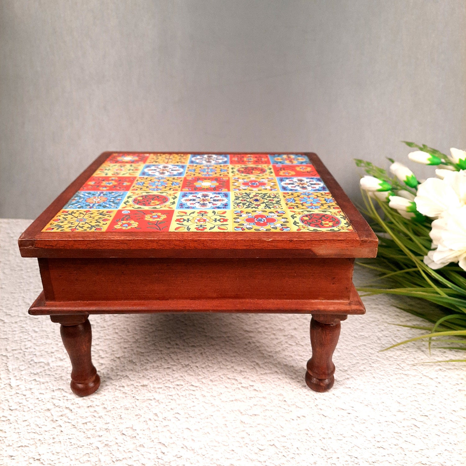 Wooden Puja Chowki Bajot with Ceramic Tile Top | Chauki for Sitting - for Pooja, Weddings, Home Decor, Corner Decor & Festivals - 11 Inch - Apkamart