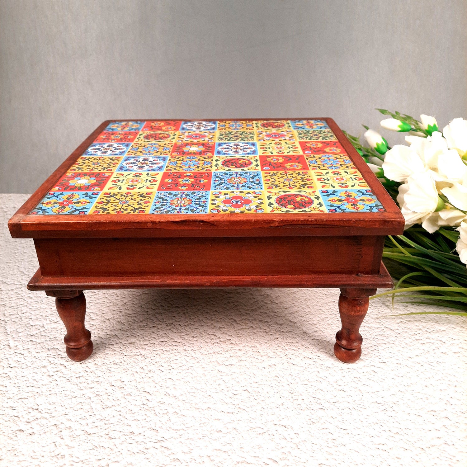 Wooden Puja Chowki Bajot with Ceramic Tile Top | Choki for Sitting - for Pooja, Weddings, Home Decor, Corner Decoration & Festivals - 12 Inch - Apkamart