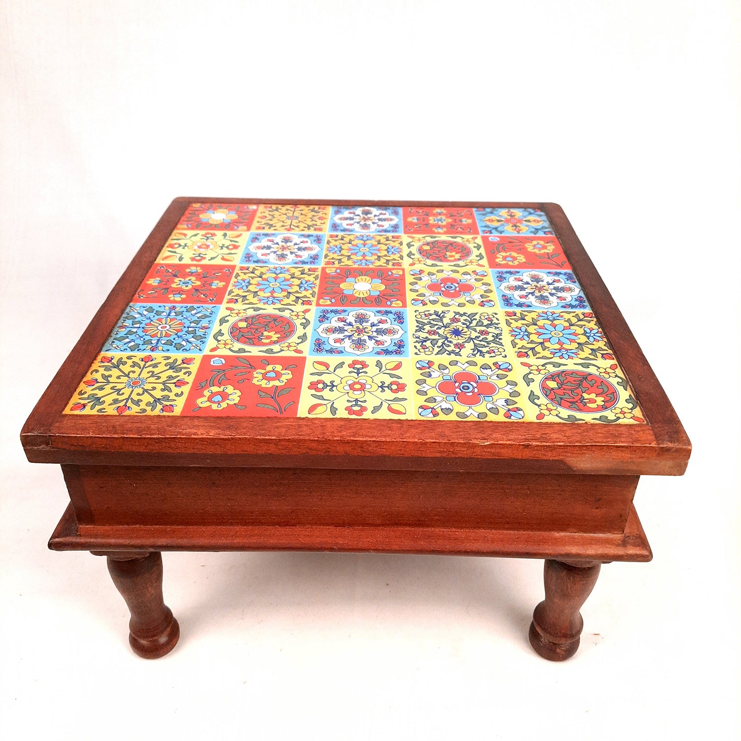 Wooden Puja Chowki Bajot with Ceramic Tile Top | Chauki for Sitting - for Pooja, Weddings, Home Decor, Corner Decor & Festivals - 11 Inch - Apkamart