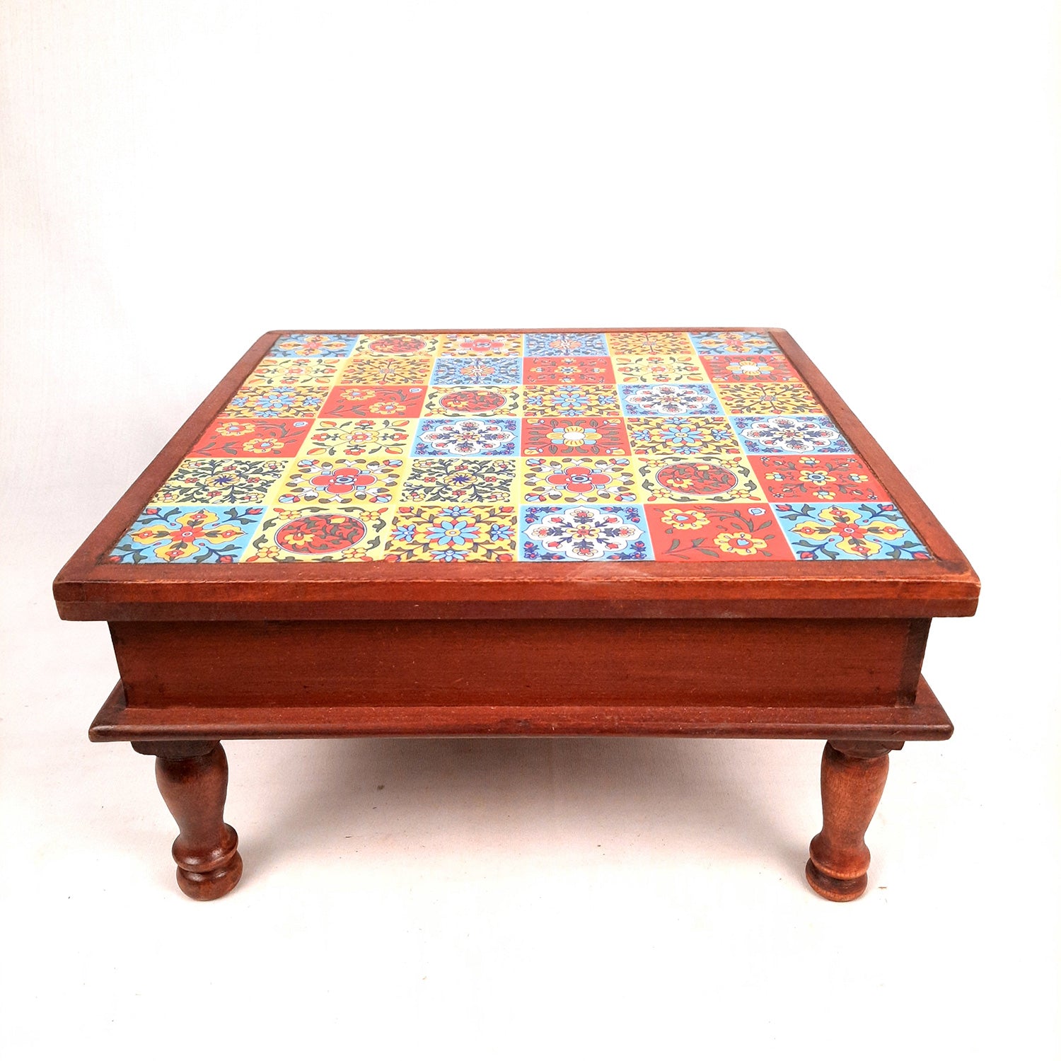 Wooden Puja Chowki Bajot with Ceramic Tile Top | Choki for Sitting - for Pooja, Weddings, Home Decor, Corner Decoration & Festivals - 12 Inch - Apkamart