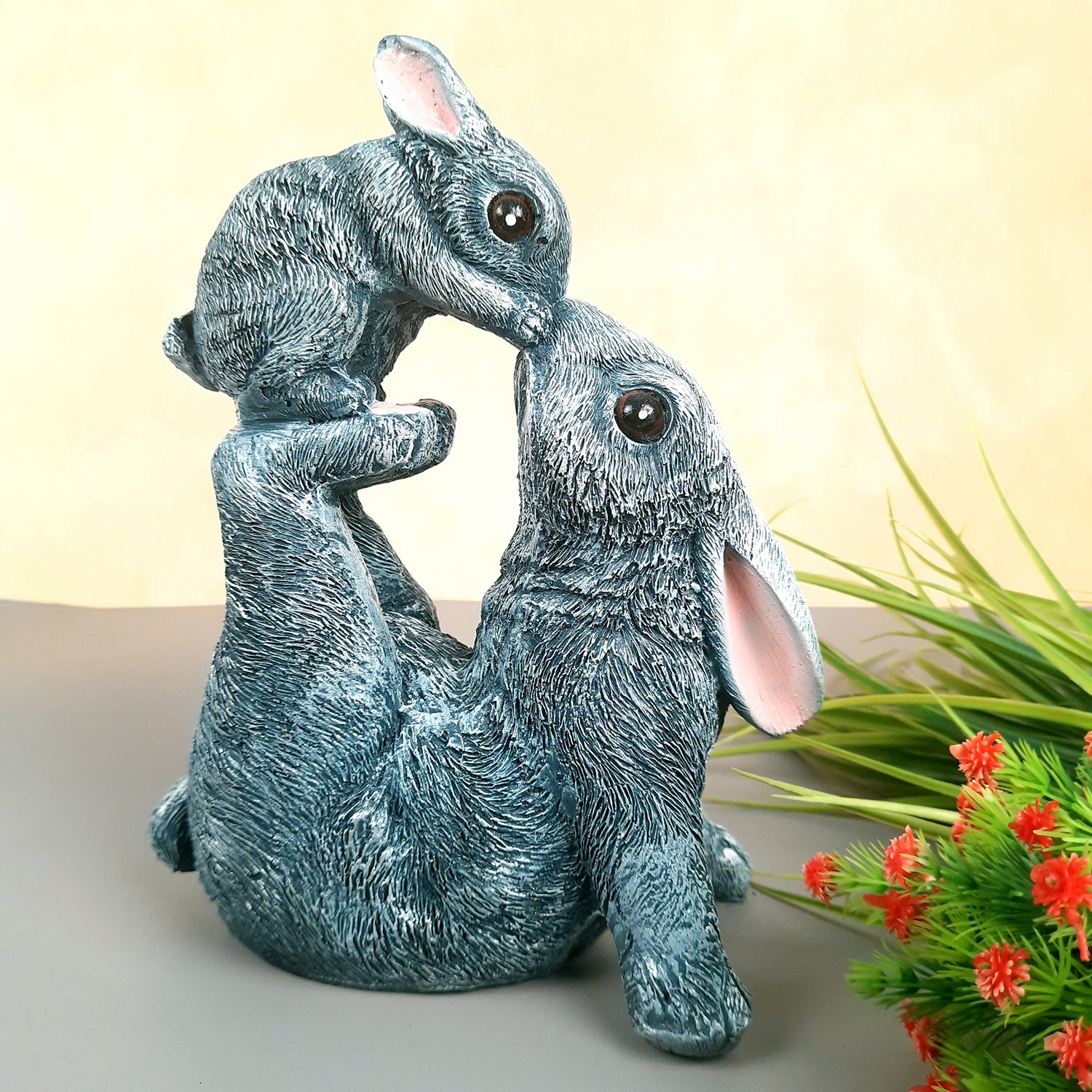 Rabbit Mother with Baby Statue Showpiece | Animal Decorative Figurines - for vastu, Home Decor Balcony Outdoor Indoor Office & Gifts - 10 Inch - Apkamart #Color_Grey