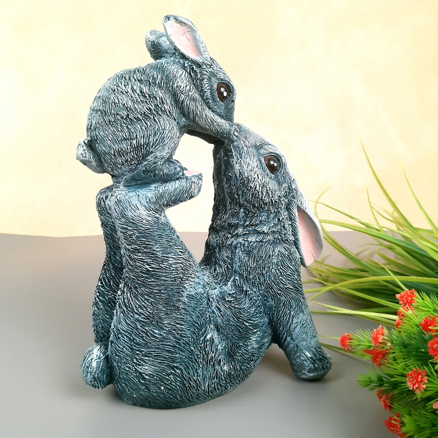 Rabbit Mother with Baby Statue Showpiece | Animal Decorative Figurines - for vastu, Home Decor Balcony Outdoor Indoor Office & Gifts - 10 Inch - Apkamart #Color_Grey
