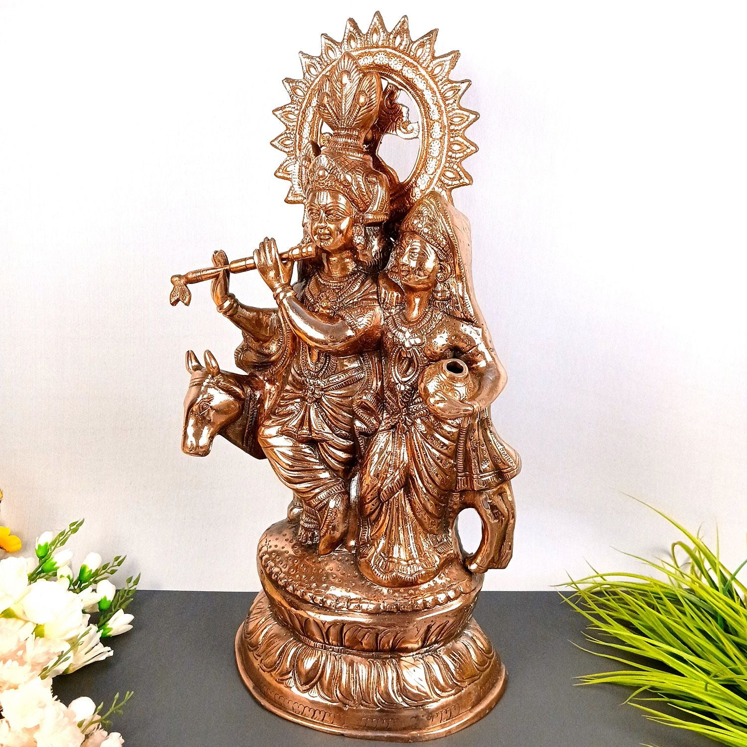 Radha Krishna Statue | Shri Radhe Krishna With Cow Idol Murti - for Home, Table, Living Room, Office, Puja , Entrance Decoration & Gifts - 26 Inch - Apkamart