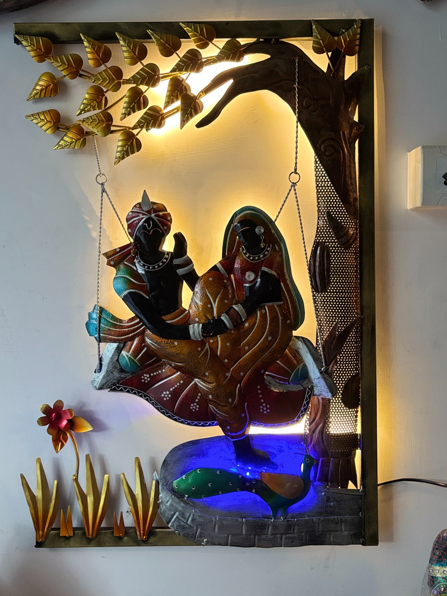 Radha Krishna Wall Hanging with LED Light | Decorative Backlit Wall Art for Living Room, Bedroom & Temple | Traditional Home Decor & Gift Item - 30 Inch