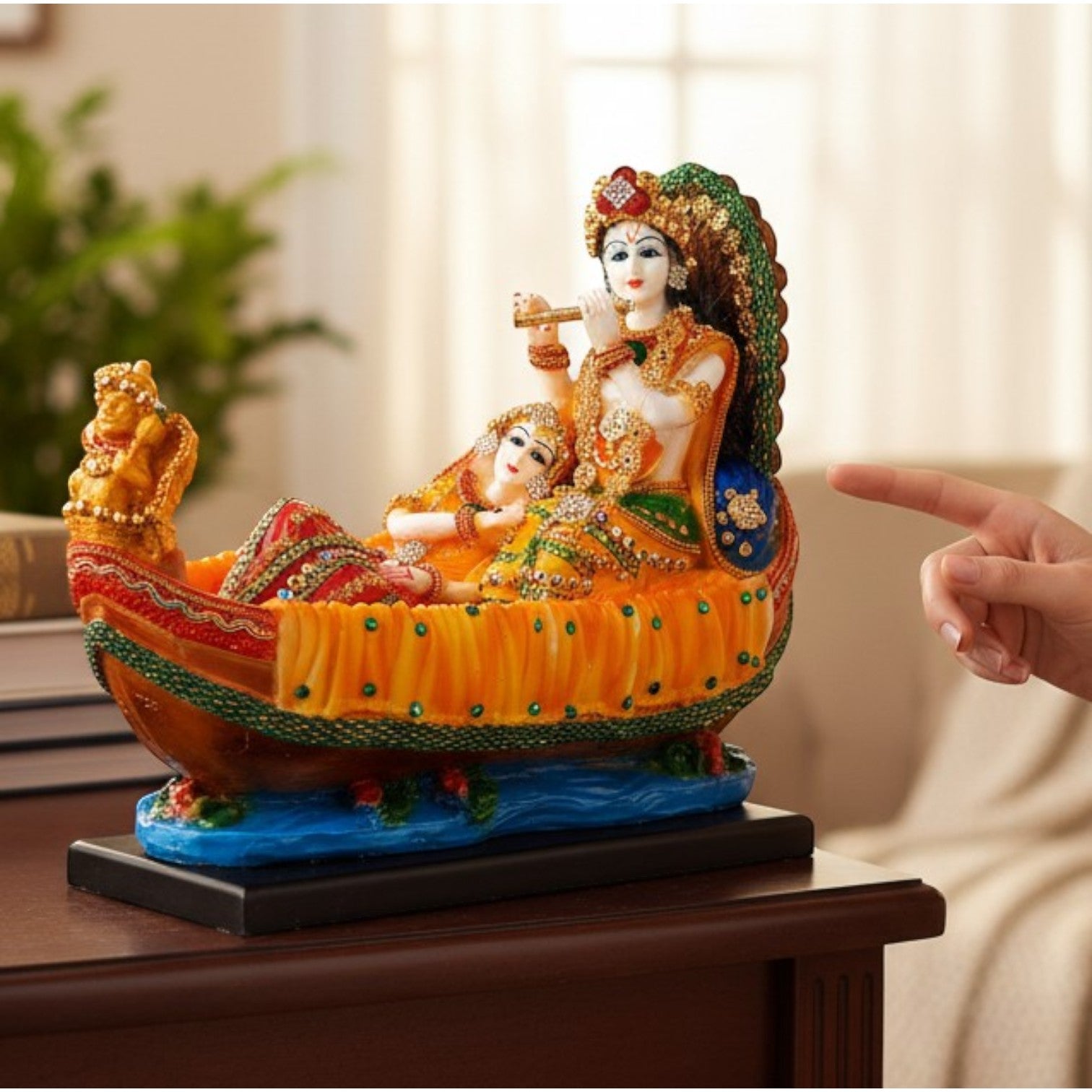 Radha Krishna Statue | Radhe Krishna Idol Sitting on Boat for Home, Pooja Room & Vastu | Religious Table Decor Showpiece & Diwali Gift - 12 Inch - Apkamart