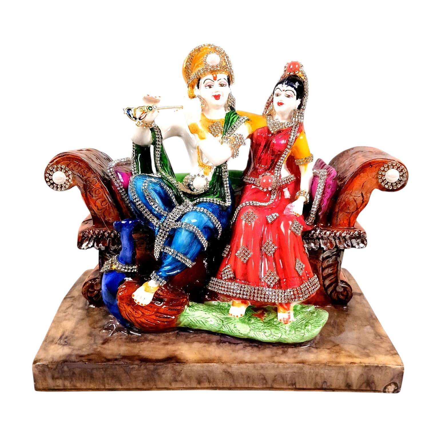 Radha Krishna Statue Sitting on Sinhasan | Radhe Krishna Idol with Flute for Home, Festive Decor, Pooja Room & Vastu Decor - 9 Inch - Apkamart