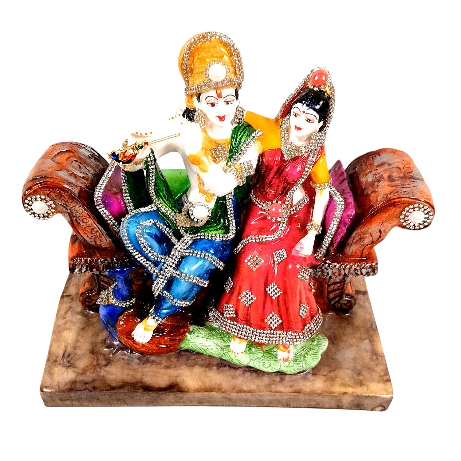 Radha Krishna Statue Sitting on Sinhasan | Radhe Krishna Idol with Flute for Home, Festive Decor, Pooja Room & Vastu Decor - 9 Inch - Apkamart
