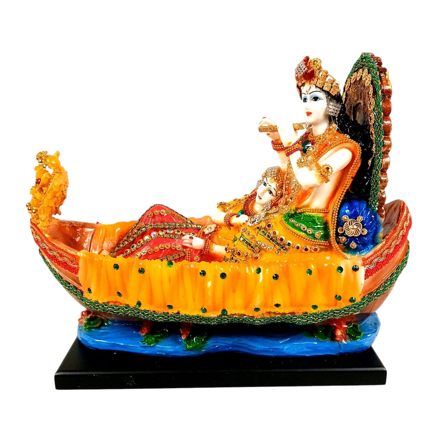 Radha Krishna Statue | Radhe Krishna Idol Sitting on Boat for Home, Pooja Room & Vastu | Religious Table Decor Showpiece & Diwali Gift - 12 Inch - Apkamart