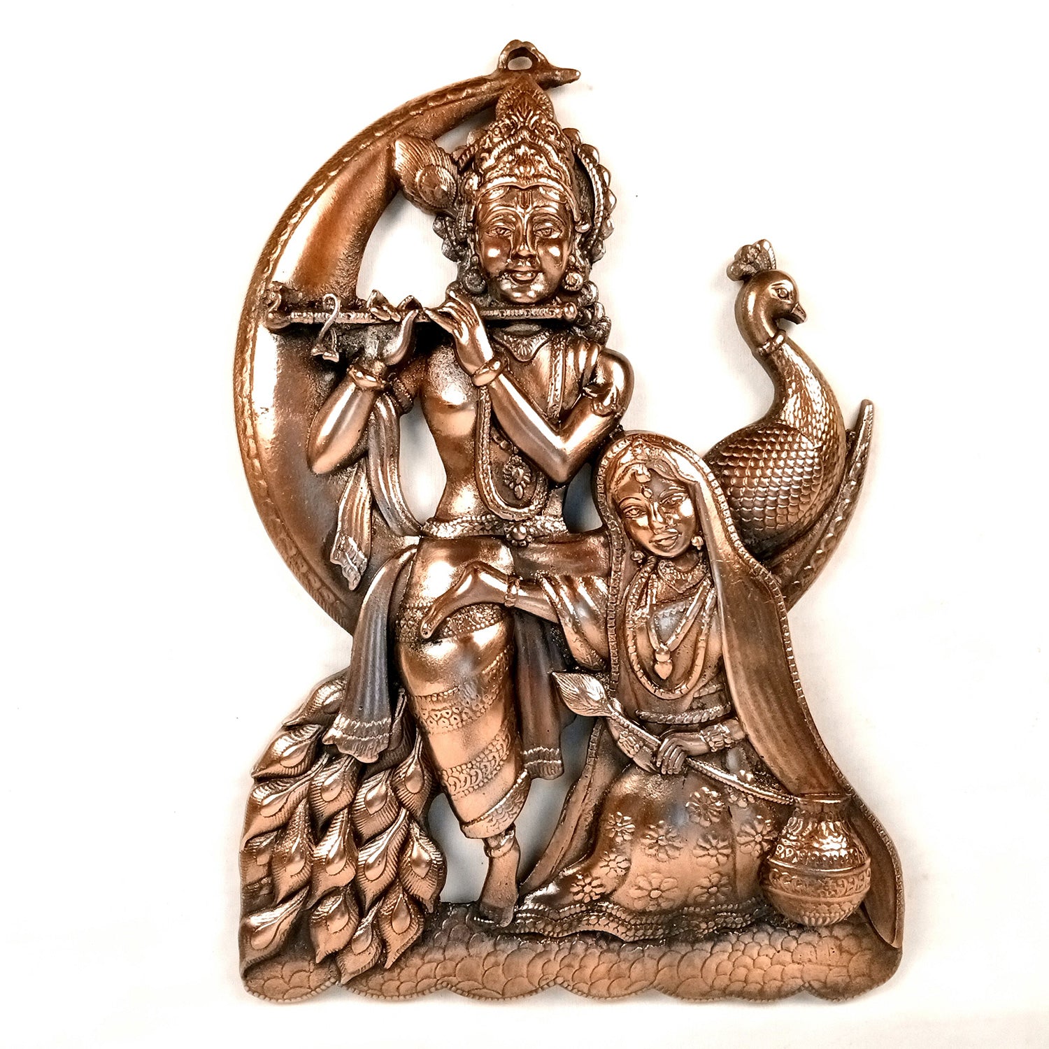 Radha Krishna Wall Hanging Idol - Sitting On Moon With Peacock | Shri Krishna Radha Wall Art Statue - for Gift, Home, Living Room, Office, Puja Room Decor - 18 Inch - Apkamart