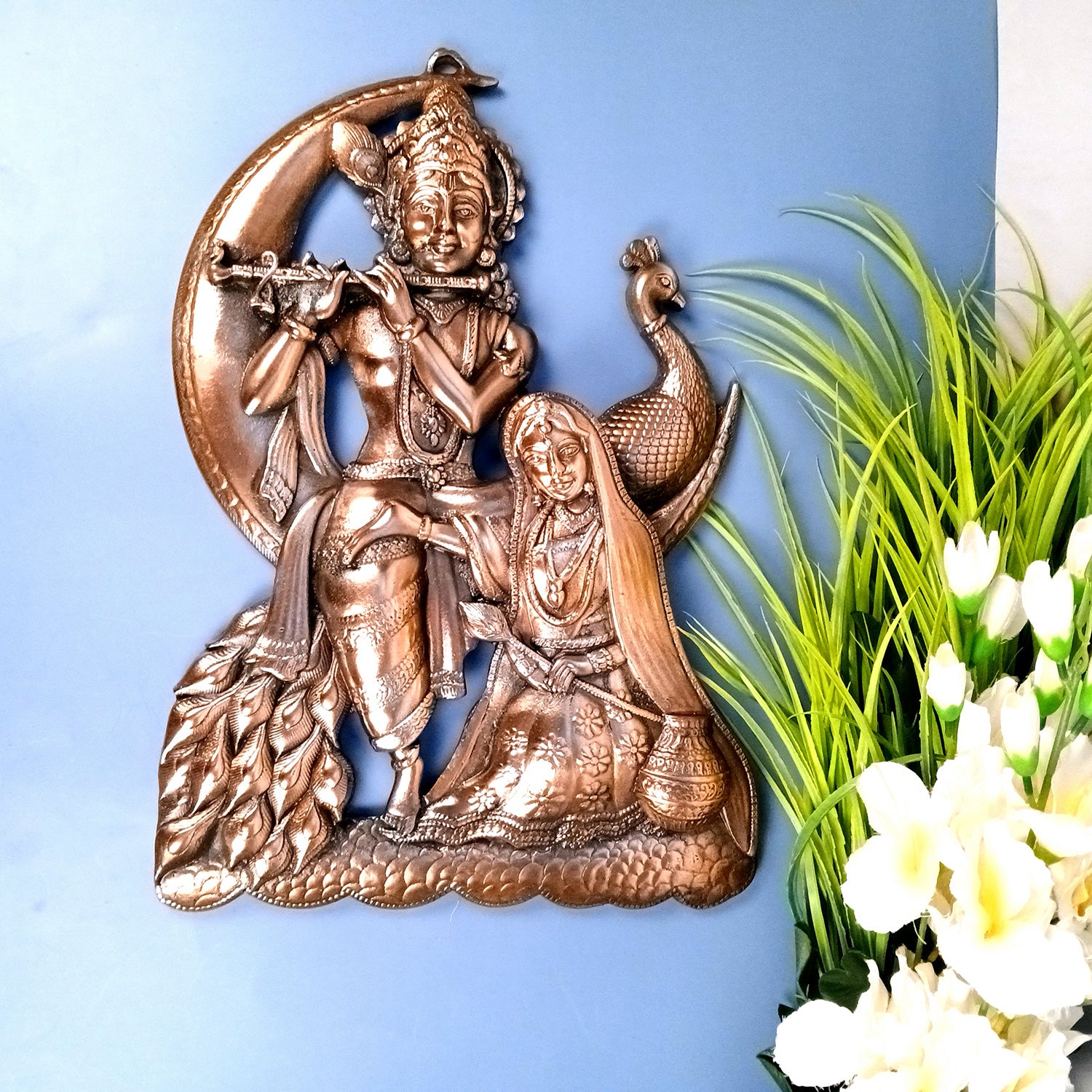 Radha Krishna Wall Hanging Idol - Sitting On Moon With Peacock | Shri Krishna Radha Wall Art Statue - for Gift, Home, Living Room, Office, Puja Room Decor - 18 Inch - Apkamart