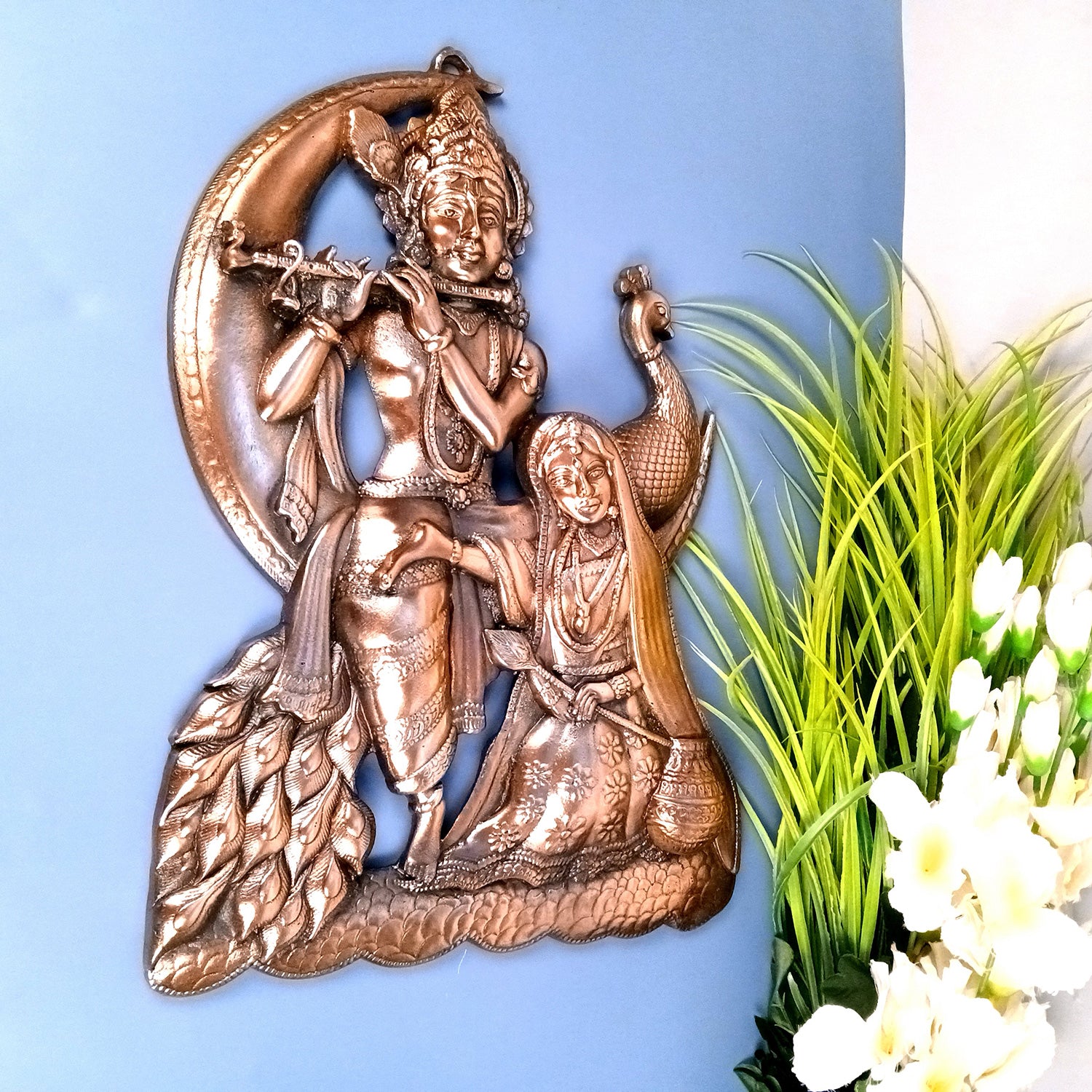 Radha Krishna Wall Hanging Idol - Sitting On Moon With Peacock | Shri Krishna Radha Wall Art Statue - for Gift, Home, Living Room, Office, Puja Room Decor - 18 Inch - Apkamart