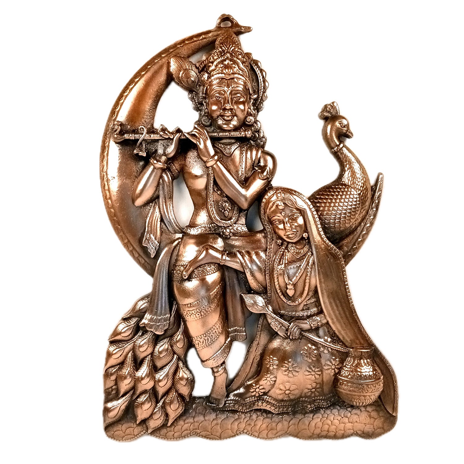 Radha Krishna Wall Hanging Idol - Sitting On Moon With Peacock | Shri Krishna Radha Wall Art Statue - for Gift, Home, Living Room, Office, Puja Room Decor - 18 Inch - Apkamart