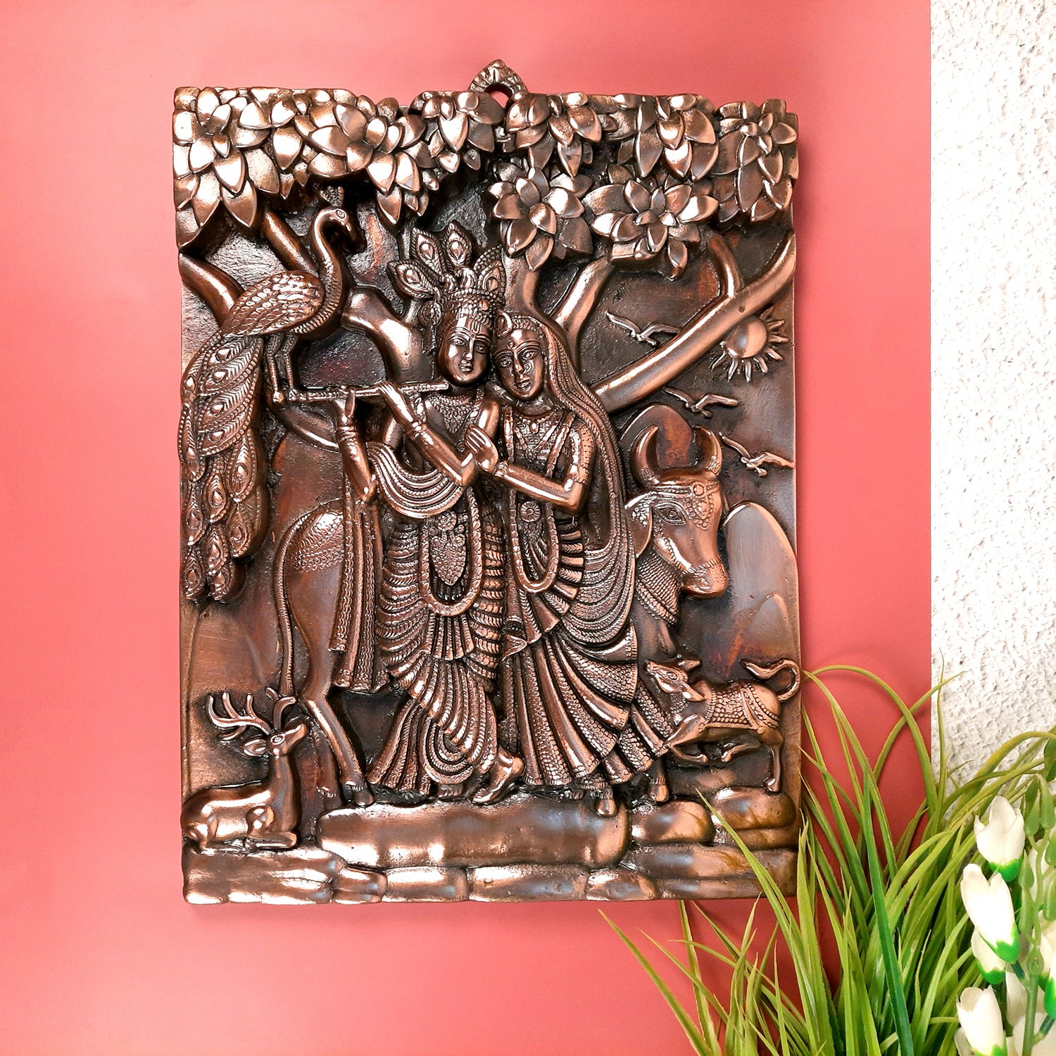 Radha Krishna Wall Hanging Idol | Krishan Playing Flute With Cow Wall Art - for Home, Living Room, Office, Puja, Entrance Decoration, Wedding Gift - 18 Inch - Apkamart #Size_18 Inch