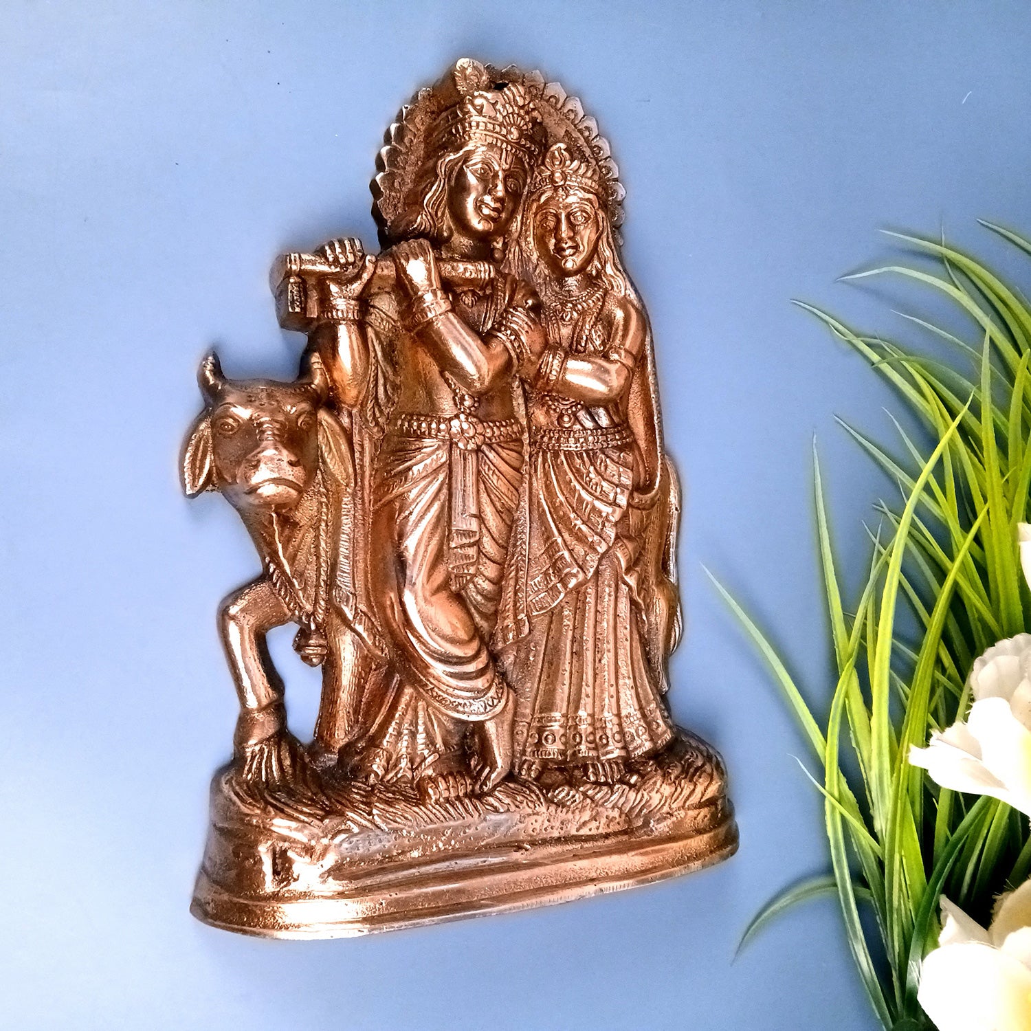 Radha Krishna Wall Hanging | Radhe Krishna With Cow Wall Statue | Wedding Gift for Couples - for Home, Living Room, Office, Puja, Entrance Decoration - 11 Inch - Apkamart