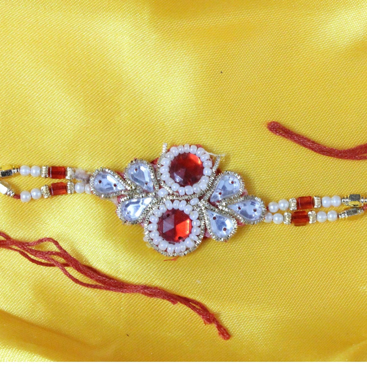 Orange White Bead Rakhi Set For Brother Bhai