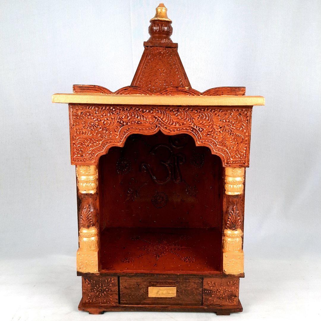 Pooja Temple Wooden With Closed Sides | God Temple For Home | Antique Puja Stand Mandir - Wall Mounted – For Ghar, Office, Shop - 23 Inch - Apkamart