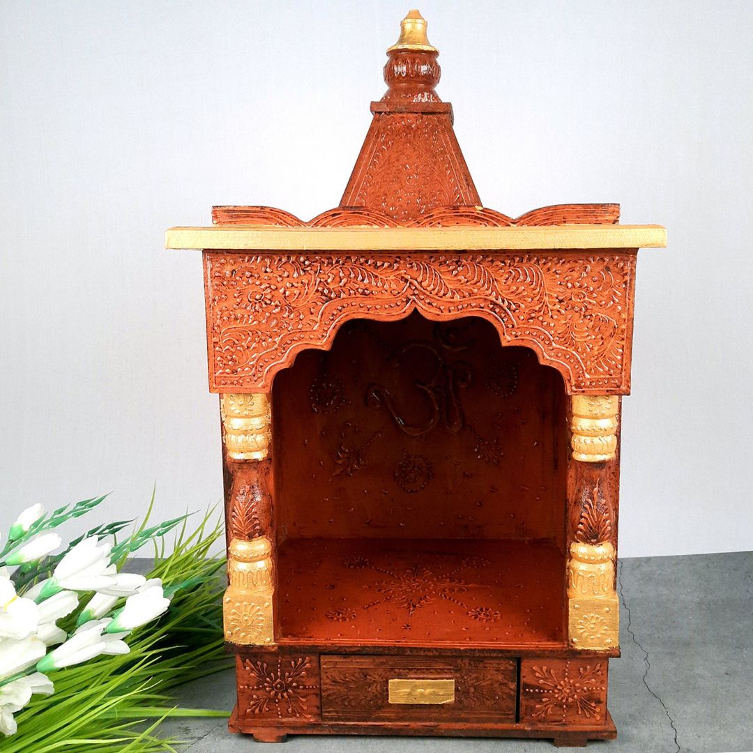 Pooja Temple Wooden With Closed Sides | God Temple For Home | Antique Puja Stand Mandir - Wall Mounted – For Ghar, Office, Shop - 23 Inch - Apkamart