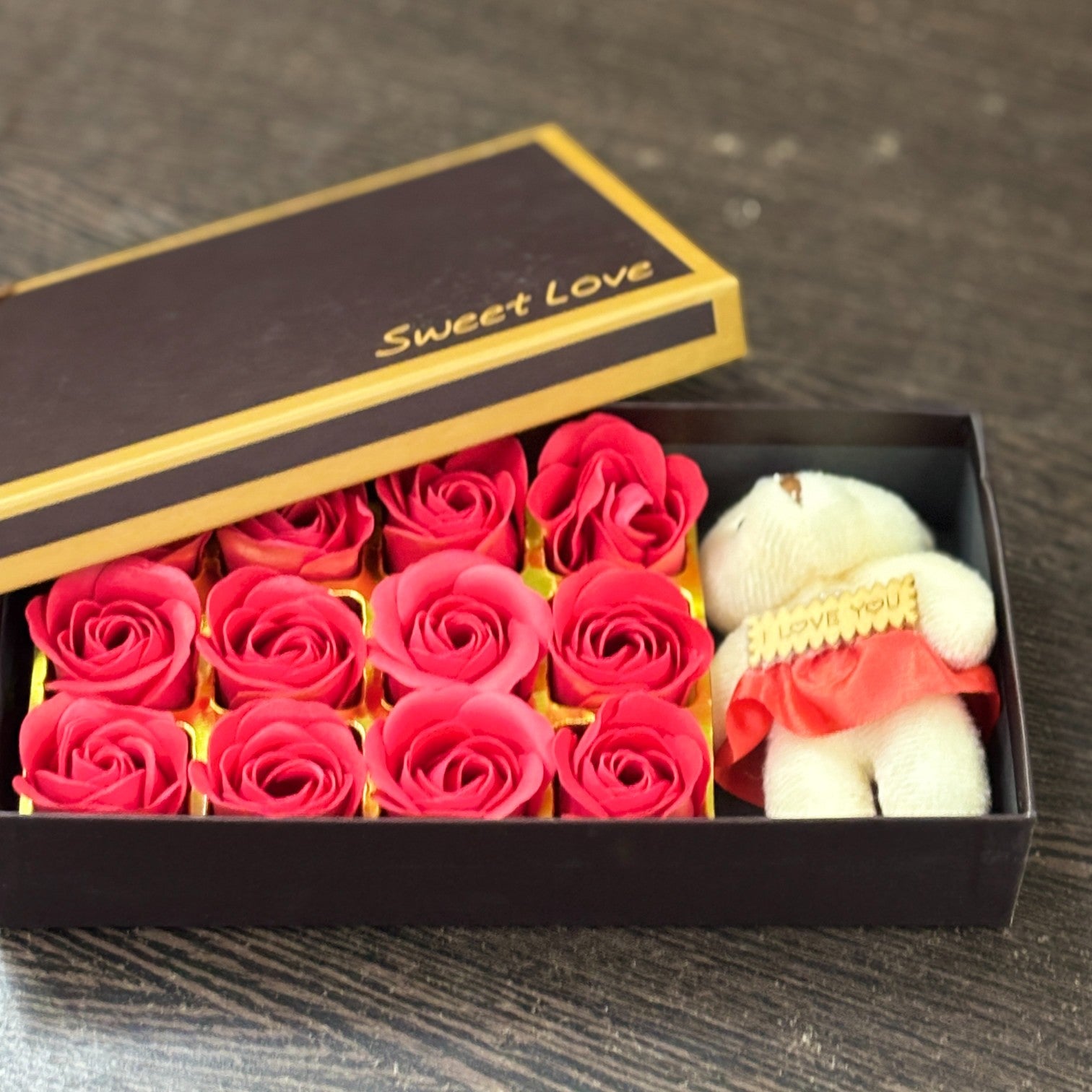 Artificial Red Roses with Teddy Bear | Valentine Gift Combo for Girlfriend, Wife & Loved Ones | Romantic Soft Toy & Rose Gift Set for Birthday - 9 Inch