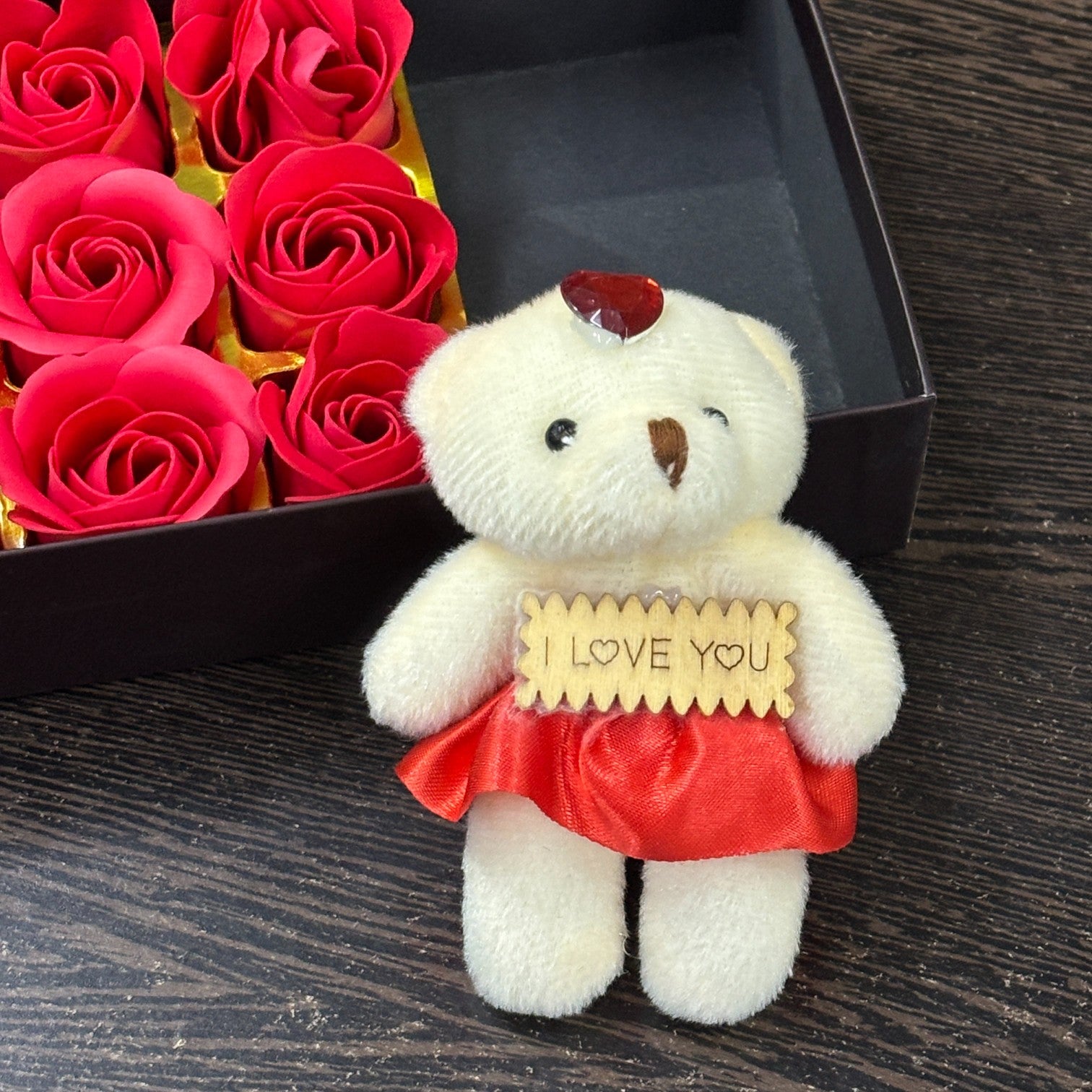 Artificial Red Roses with Teddy Bear | Valentine Gift Combo for Girlfriend, Wife & Loved Ones | Romantic Soft Toy & Rose Gift Set for Birthday - 9 Inch