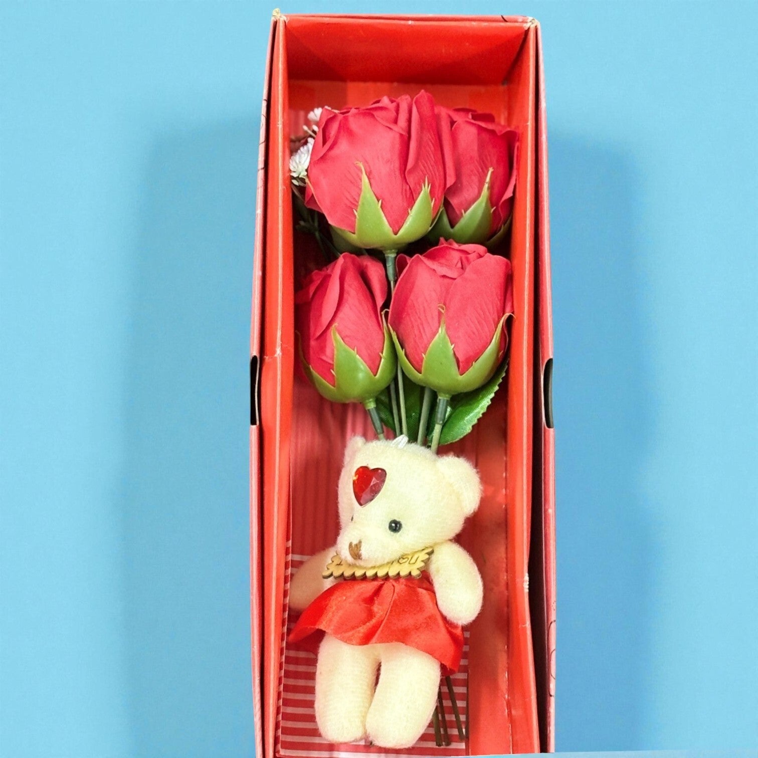 Artificial Red Rose with Teddy Bear | Valentine Gift Combo for Girlfriend, Wife & Loved Ones | Romantic Soft Toy & Rose Gift Set for Birthday & Anniversary - 11 Inch - Apkamart
