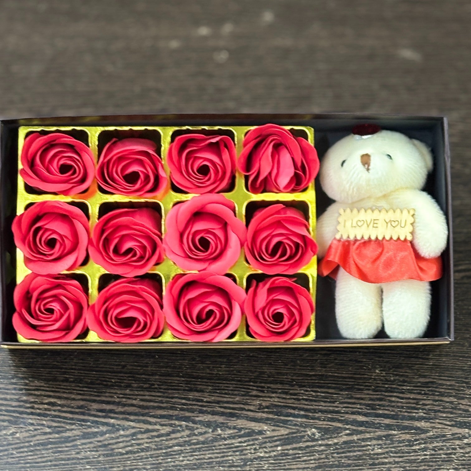 Artificial Red Roses with Teddy Bear | Valentine Gift Combo for Girlfriend, Wife & Loved Ones | Romantic Soft Toy & Rose Gift Set for Birthday - 9 Inch