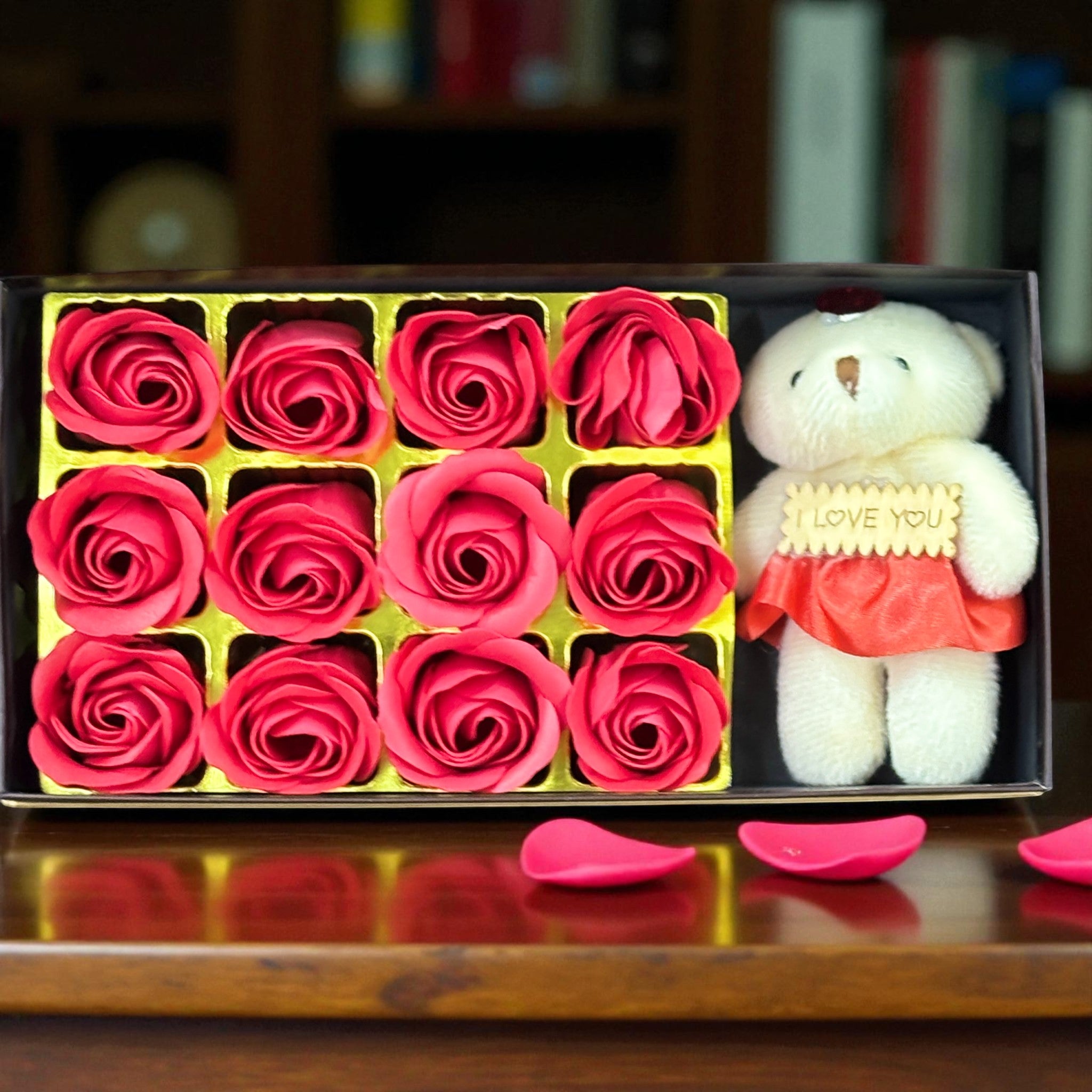 Artificial Red Roses with Teddy Bear | Valentine Gift Combo for Girlfriend, Wife & Loved Ones | Romantic Soft Toy & Rose Gift Set for Birthday - 9 Inch