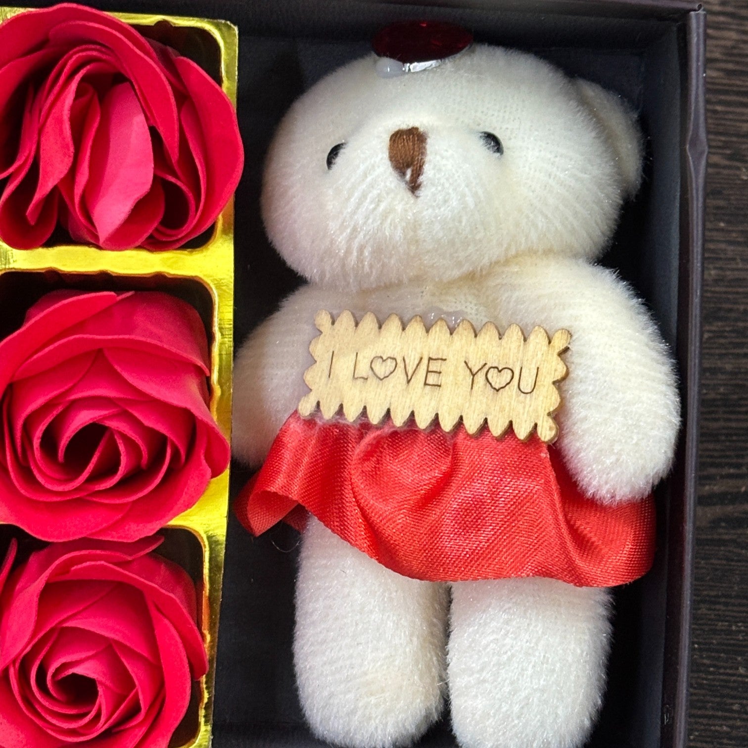 Artificial Red Roses with Teddy Bear | Valentine Gift Combo for Girlfriend, Wife & Loved Ones | Romantic Soft Toy & Rose Gift Set for Birthday - 9 Inch