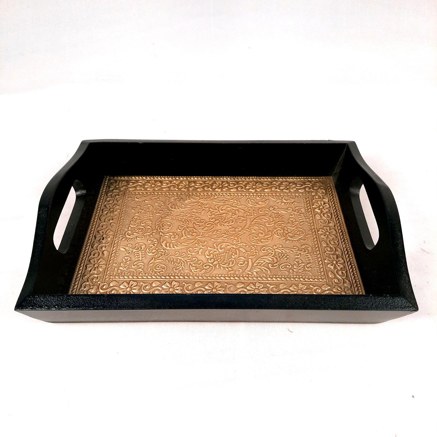 Brass Serving Tray | Wooden Tea & Snacks Platter | Tray With Handles - for Home, Dining Table, Kitchen Decor, Office, Cafe & Gifts - 12 Inch - Apkamart