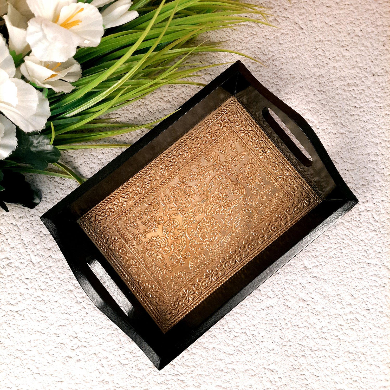 Brass Serving Tray | Wooden Tea & Snacks Platter | Tray With Handles - for Home, Dining Table, Kitchen Decor, Office, Cafe & Gifts - 12 Inch - Apkamart