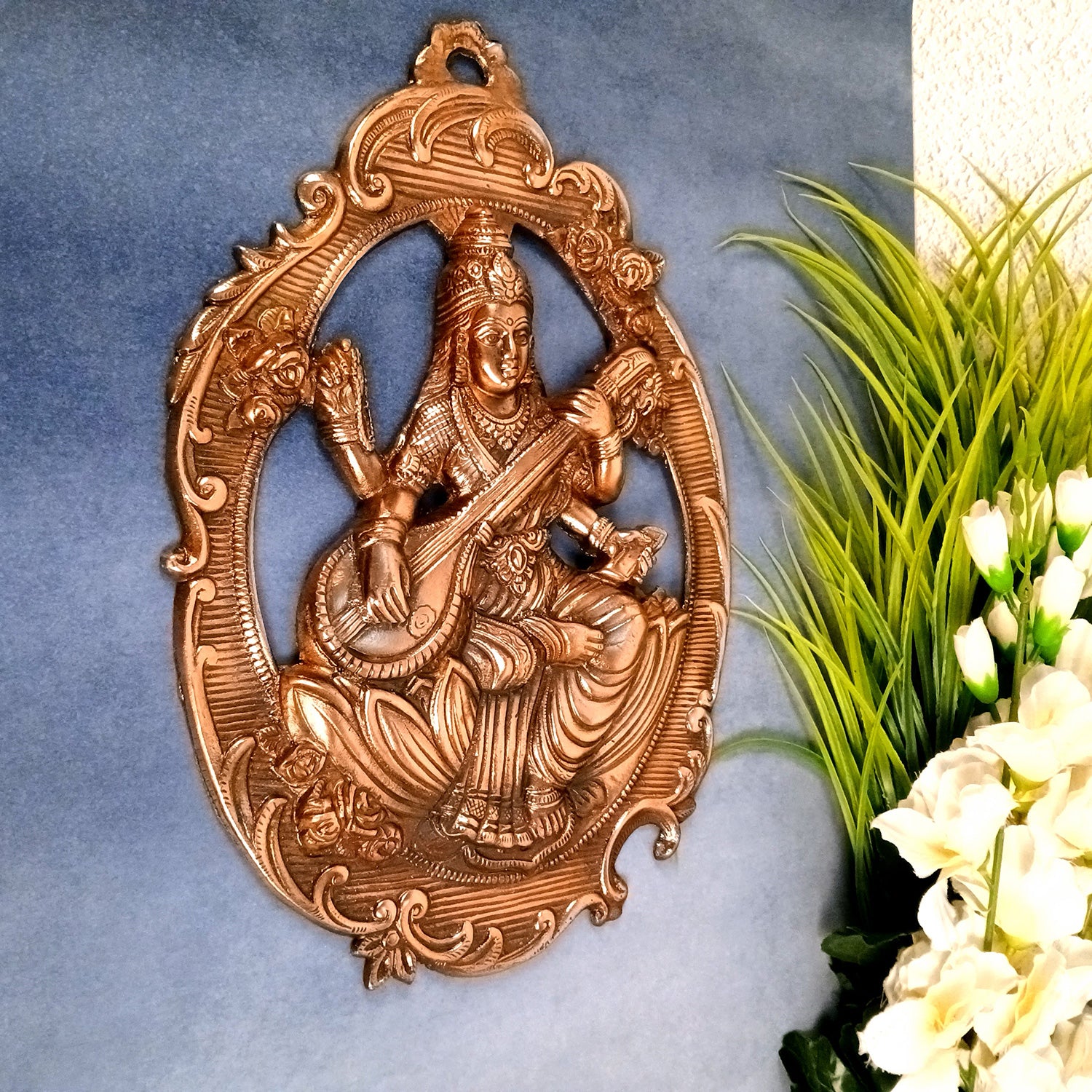 Saraswati Idol Wall Hanging | Goddess Sarasvati Playing Veena Wall Statue |Religoius & Spiritual Wall Art - For Puja, Home & Entrance, Living Room & Gift - 16 Inch - Apkamart